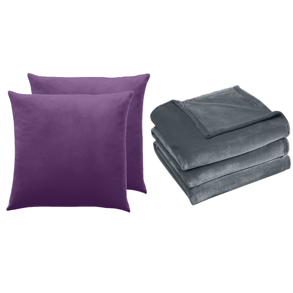 Luxury Velvet Pillow Covers & Soft Fleece Throw Blanket Set - 24x24 Inch Royal Purple Pillowcases & 50x60 Inch Slate Gray Blanket - 2-Piece Cozy Home Decor Bundle for Living Room, Bedroom, or Gift