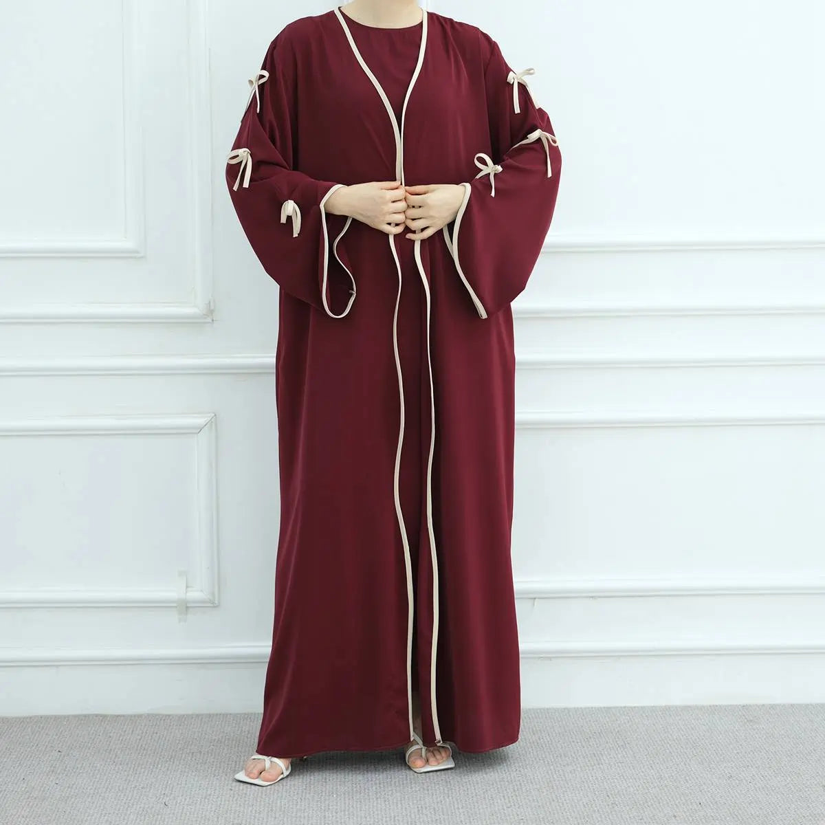 2-Piece Soft Nida Open Abaya Dress Set with Inner Sleeveless Dress - Elegant Muslim Prayer Dress for Women (Beige, #251003) | Perfect for Eid, Ramadan, Mosque & Special Occasions