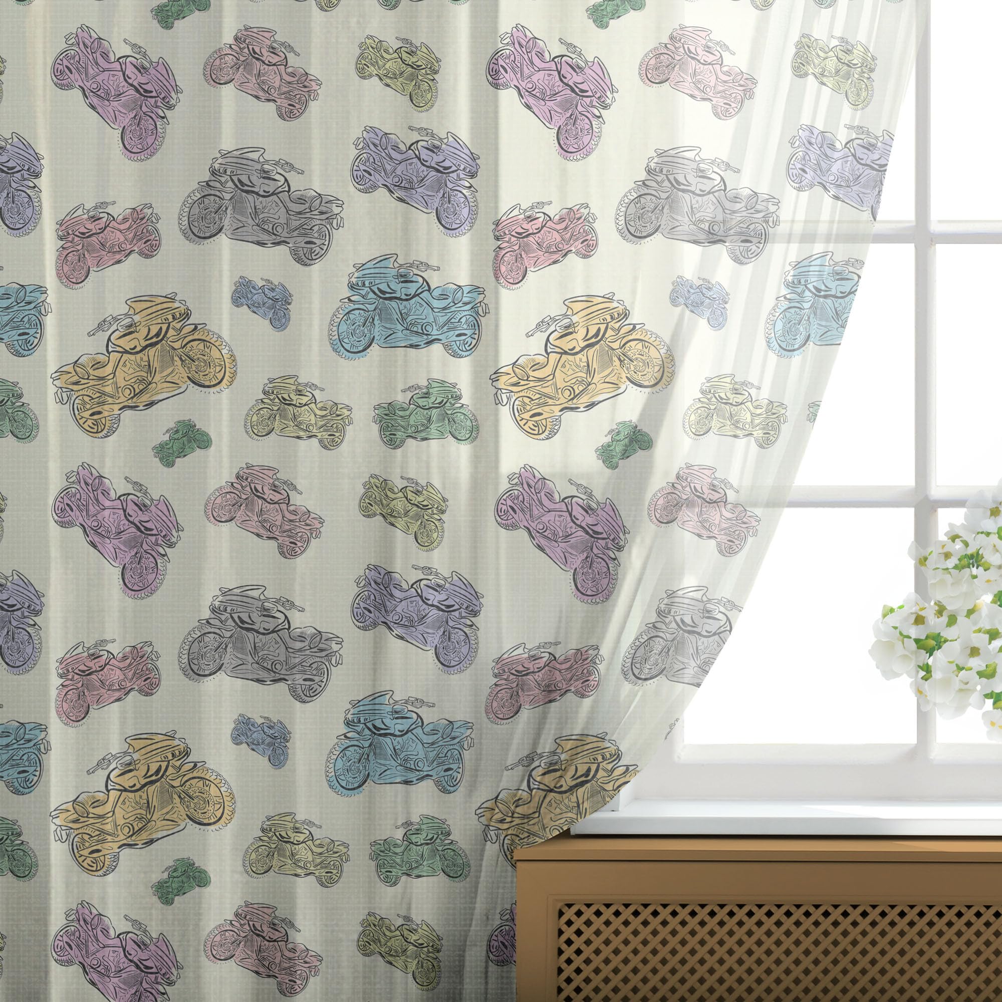 Ambesonne Motorcycle Tulle Curtains - Pastel Racing Bike Sketch Design, Cartoon Style Sheer Drapes with Rod Pocket (2 Panels, 108