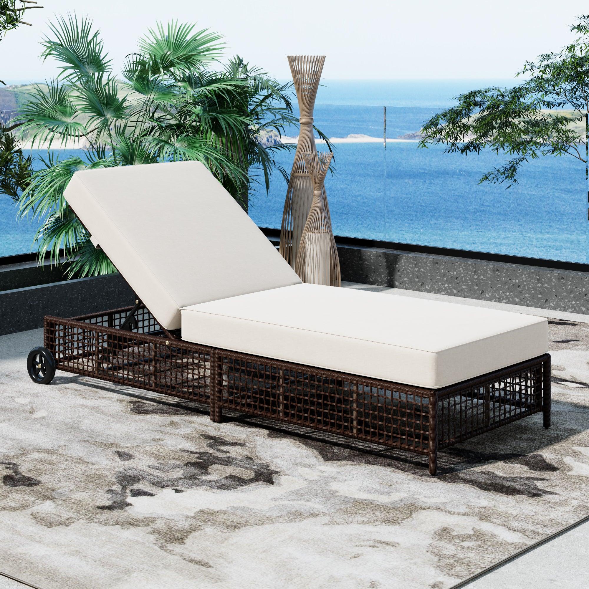 5-Position Adjustable Rattan Patio Lounge Chair with Cushion & Wheels - Waterproof Outdoor Chaise for Poolside, Backyard, Garden Relaxation | Perfect for Sunbathing, Lounging & Outdoor Leisure