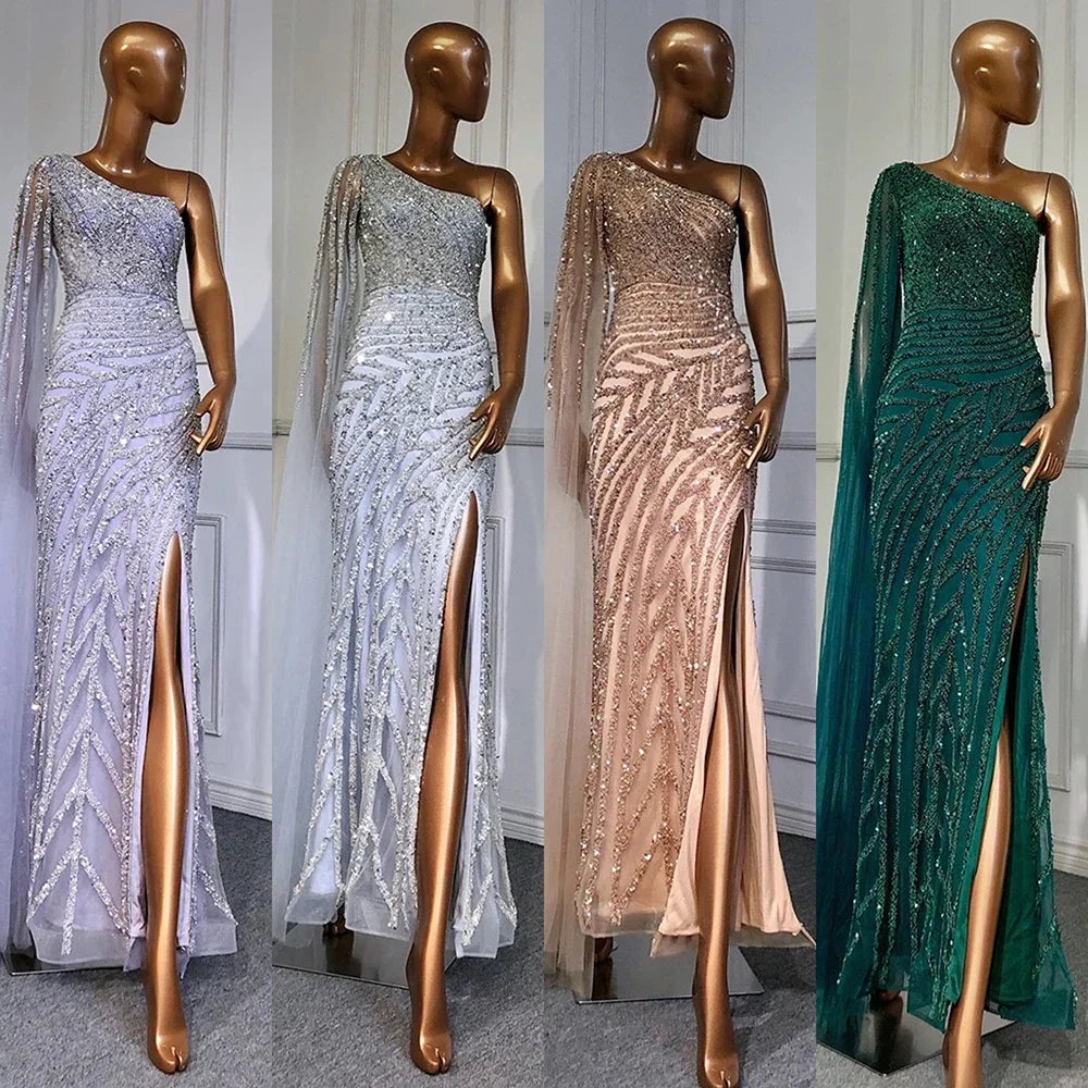 Elegant One Shoulder Lilac High Split Mermaid Evening Dress with Beaded Details for Women - Perfect for Prom, Gala, and Formal Parties - Serene Hill LA71493