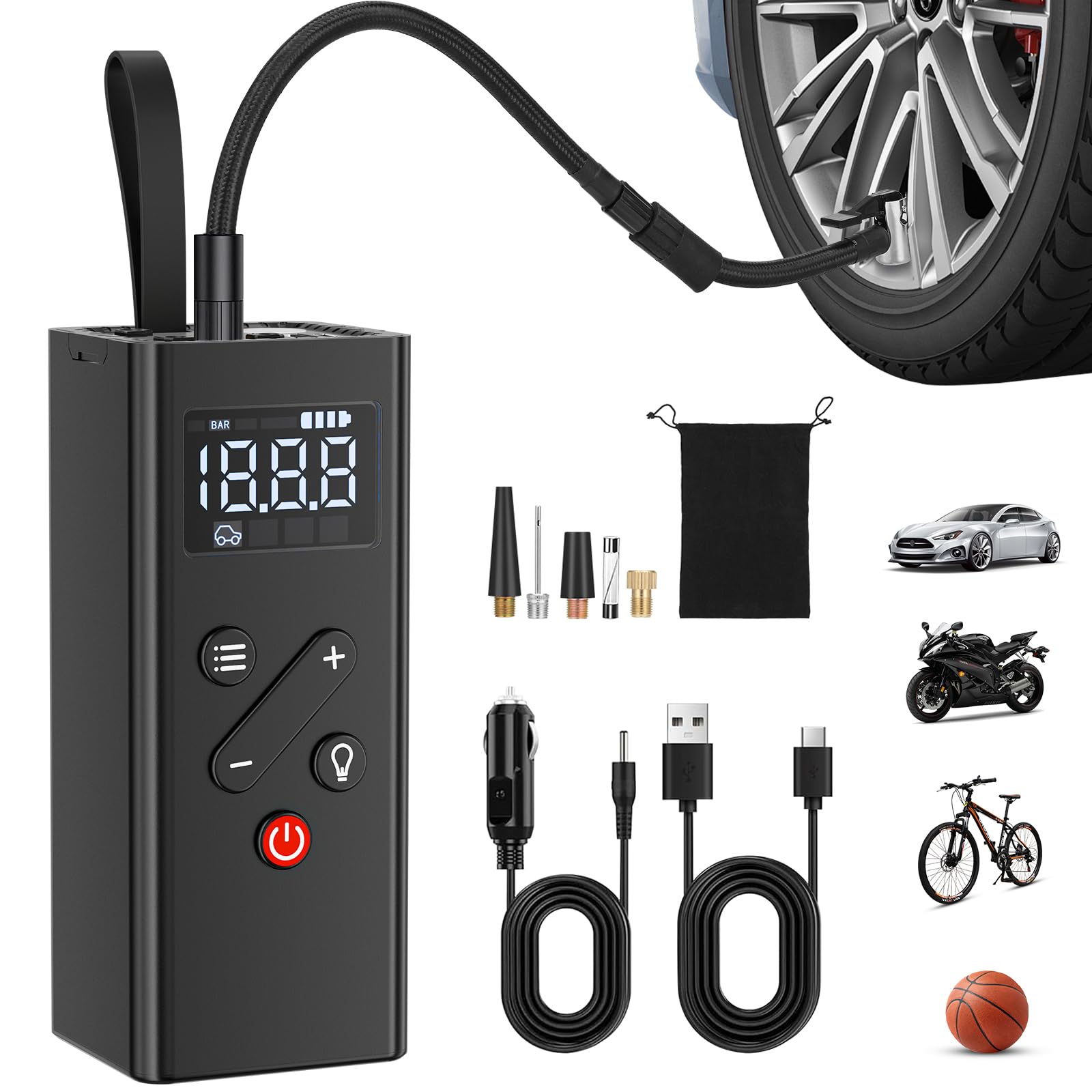 150PSI Cordless Tire Inflator Portable Air Compressor - Digital Pressure Gauge, 12V Electric Mini Air Pump for Car, Motorcycle, Bicycle Tires & Sports Balls | On-the-Go Inflation for Road Trips, Camping & Home Use