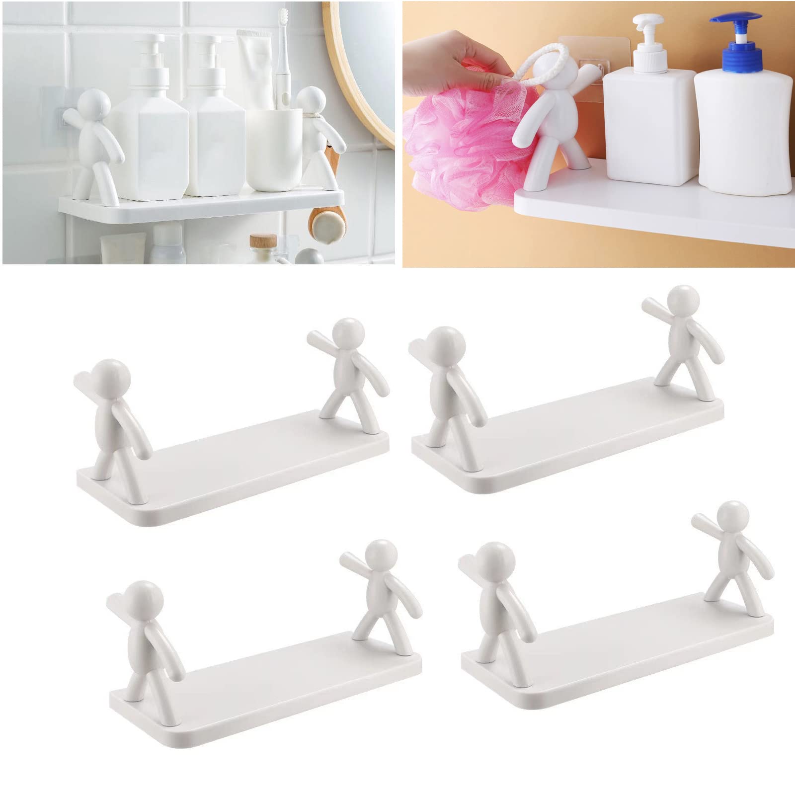 QVOBIUBIU Floating Shelves for Bathroom - Wall Mounted Storage Shelf with No Drilling, Humanoid Design Hanging Rack - Space Saving Organizer for Bathroom, Kitchen, Living Room (Gray, 4PCS) - Perfect for Storing Toiletries, Decor & Small Essentials