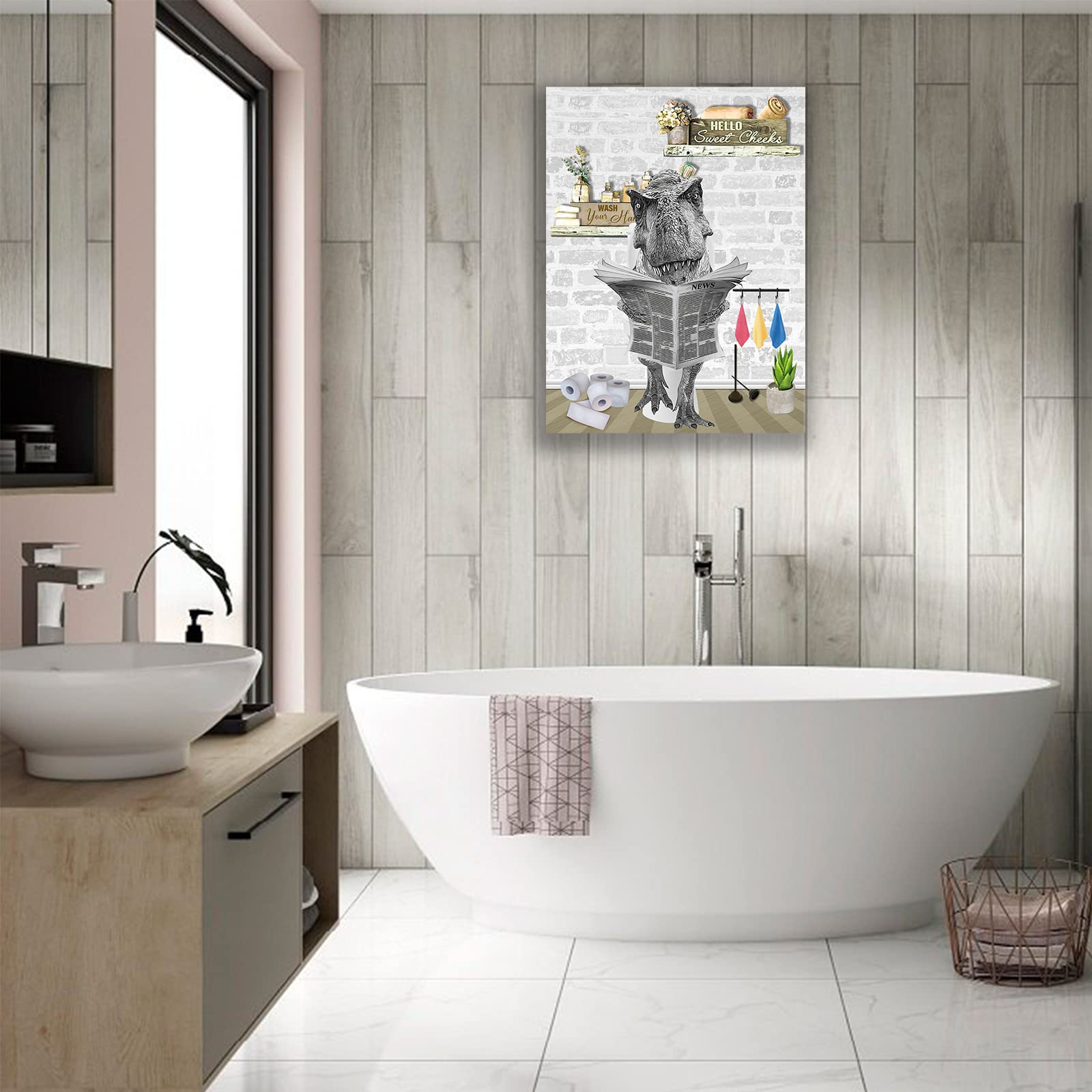 Funny Dinosaur on Toilet Canvas Wall Art - 16x20 Inch Framed Bathroom Decor Painting, Ready to Hang - Perfect for Bathroom, Kids Room & Dino Lover Gifts