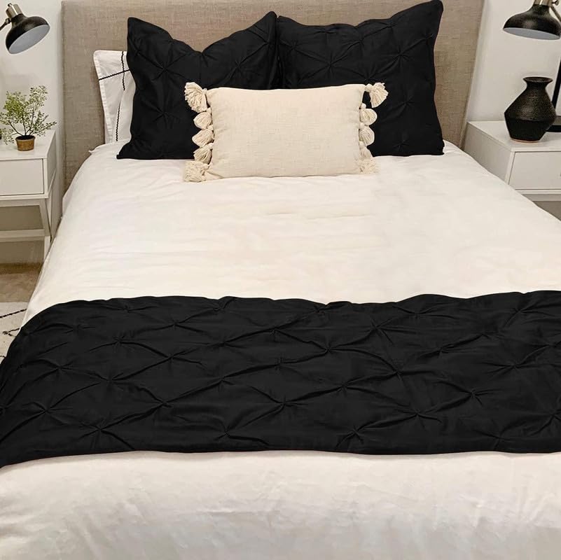 Premium 600 TC Queen Size Pure Cotton Bed Runner - Pinch Pleat Design, Lightweight & Skin-Friendly Cooling Decorative Bed Scarf (1 Piece, Black) for Luxury Bedroom Decor, Hotel Styling, and Wedding Bedding Accessories