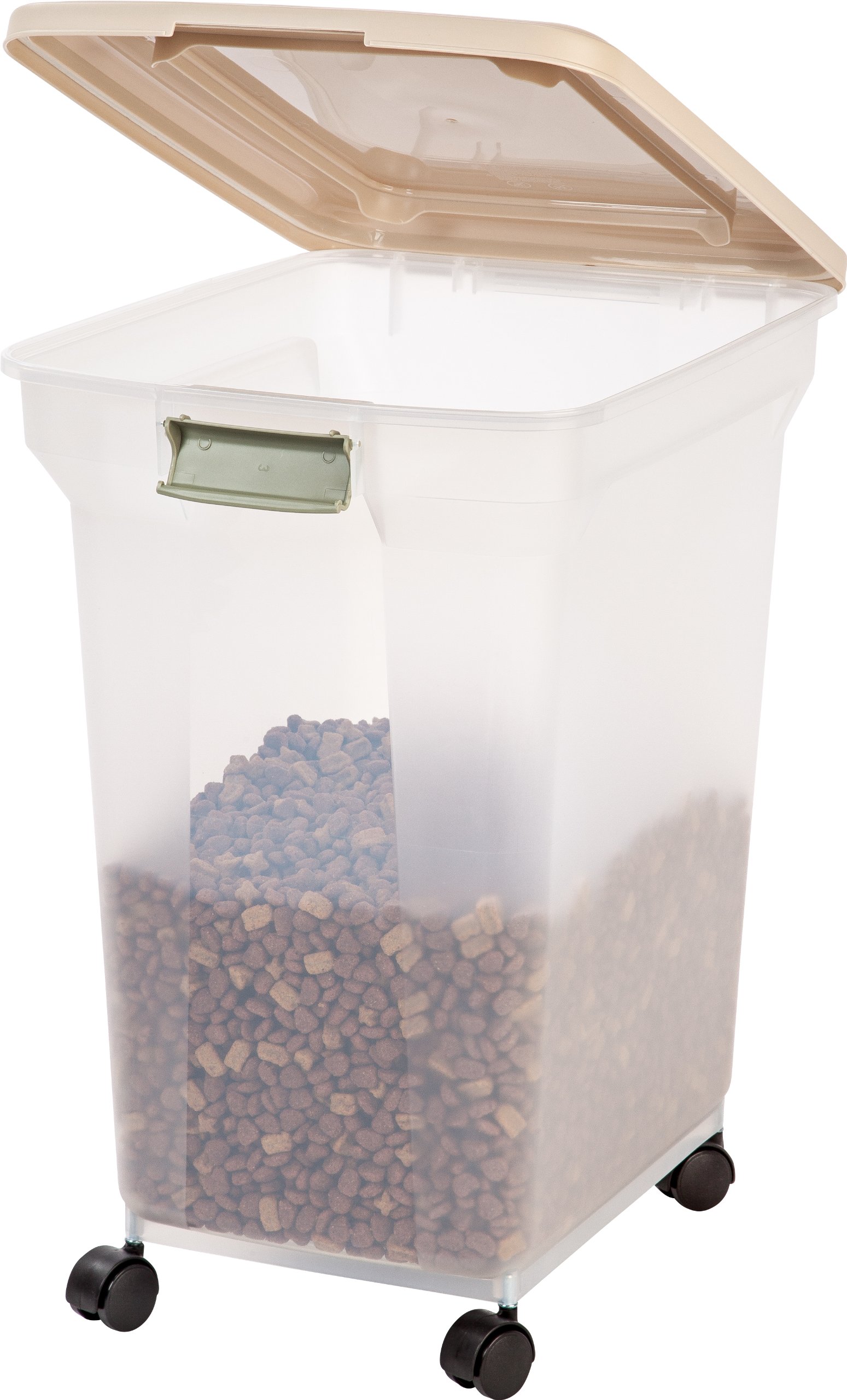 IRIS USA WeatherPro Airtight Pet Food Storage Container - 58 lbs Capacity with Wheels for Easy Mobility | Translucent Design in Clear/Almond | Keep Dog, Cat & Bird Food Fresh | Ideal for Home, Garage or Pet Store Storage