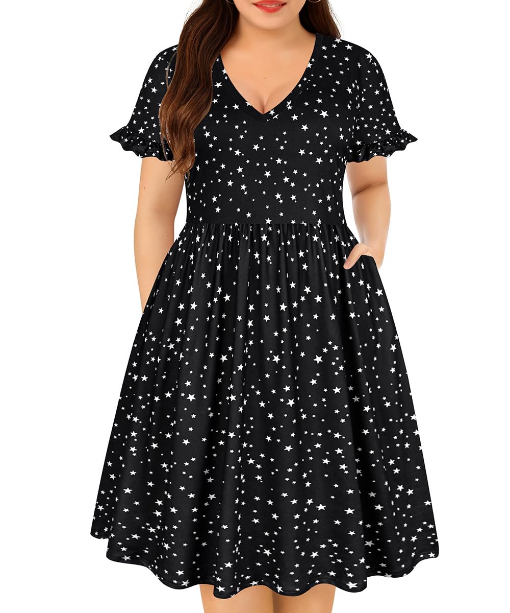 **CARCOS Plus Size Summer Dresses for Women - Floral & Striped V-Neck Short Sleeve Boho Dress with Pockets (XL-5XL) | Casual Outfit for Beach, Vacation & Everyday Wear**