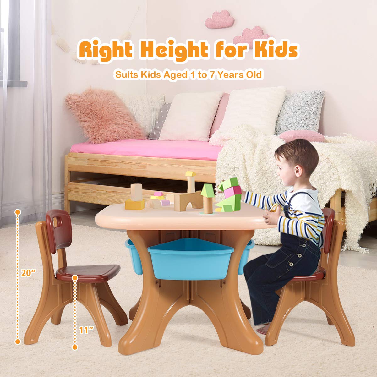 KOTEK 3-Piece Kids Table & Chair Set with Storage - Study & Art Desk for Toddlers - Perfect for Reading & Drawing