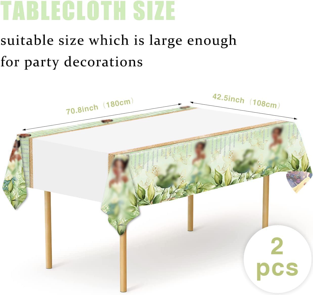 Princess and Frog Themed Green Floral Tablecloth - 70.8 x 42.5 Inch Birthday Party Decorations (2-Pack) for Girls' Princess Tea Party, Baby Shower & Fairy Tale Themed Events