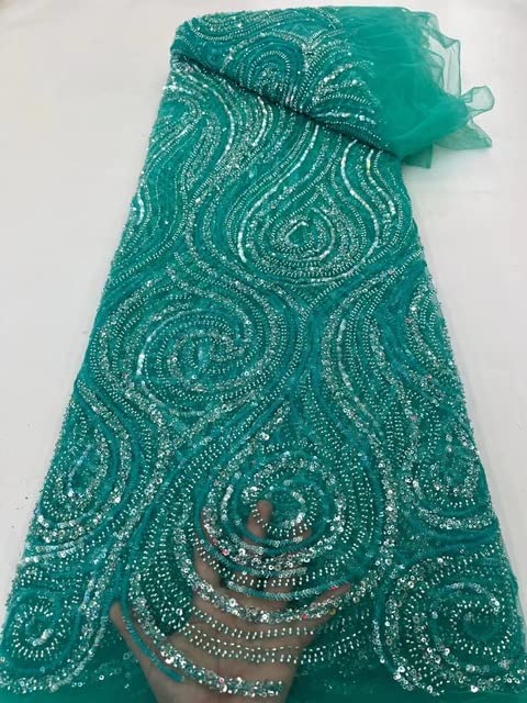 MARHAFABRIC 5 Yards African Elegant Sky Blue Luxury Beaded Mesh Lace - Handmade Sequin Tulle Fabric for Wedding Dresses, Bridal Gowns & Evening Gowns - Perfect for DIY Bridal Sewing, Prom Dresses & Special Occasion Attire