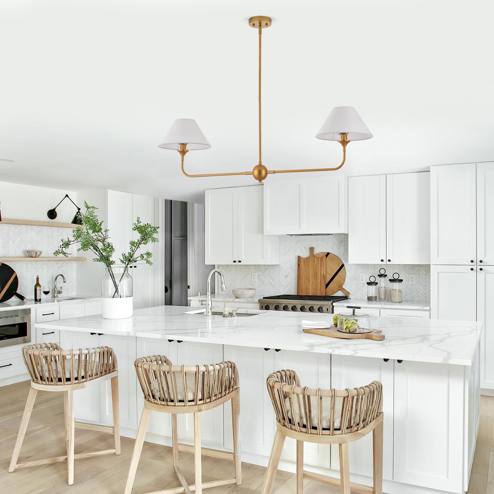 Modern Gold Linear Chandelier with Off-White Fabric Shade - Rustic Pendant Lighting for Dining Room & Kitchen Island - Perfect for Farmhouse, Industrial & Contemporary Home Decor
