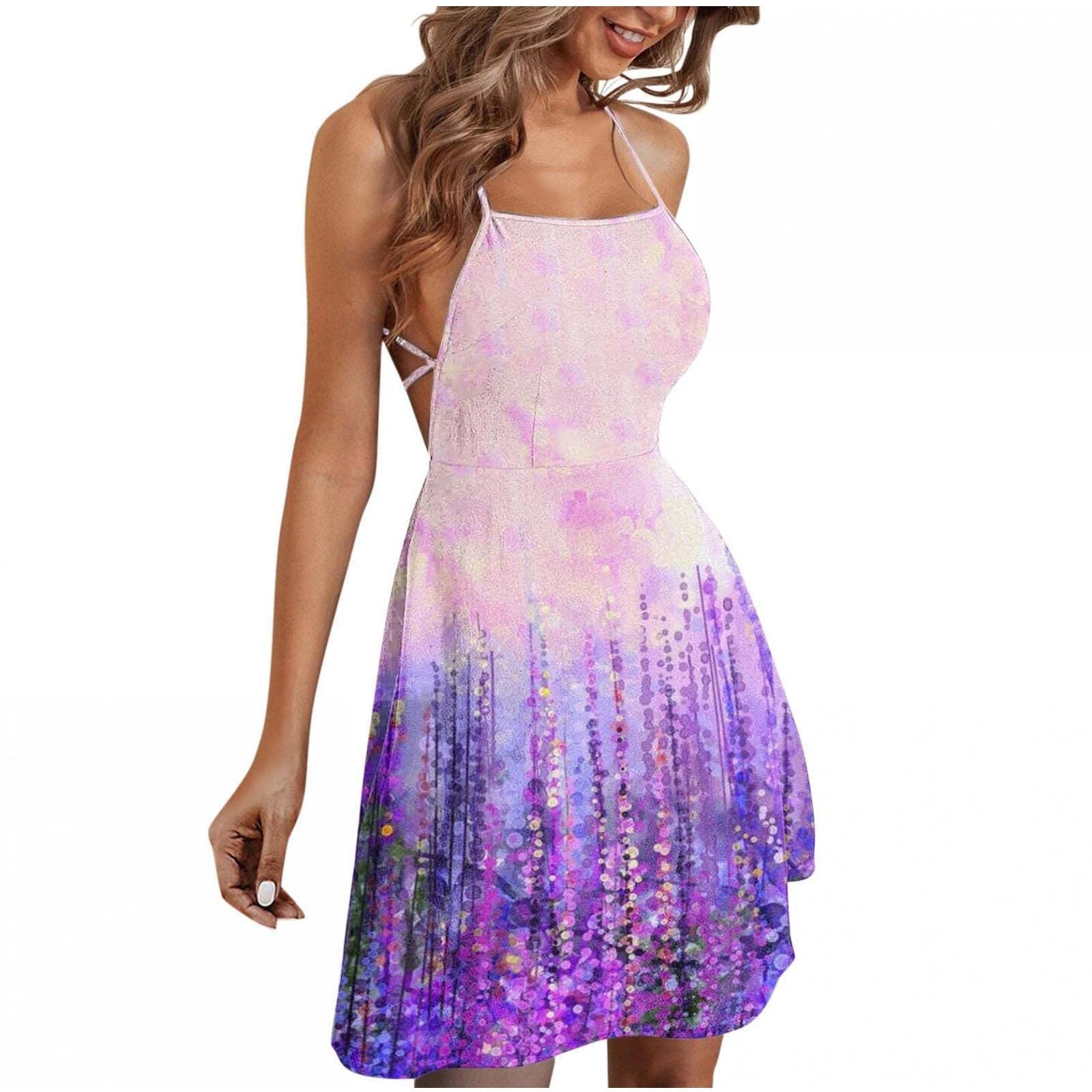 Women's Feather Print Spaghetti Strap Backless Beach Dress - Summer A-Line Swing Sundress for Casual Wear, Vacation & Pool Parties