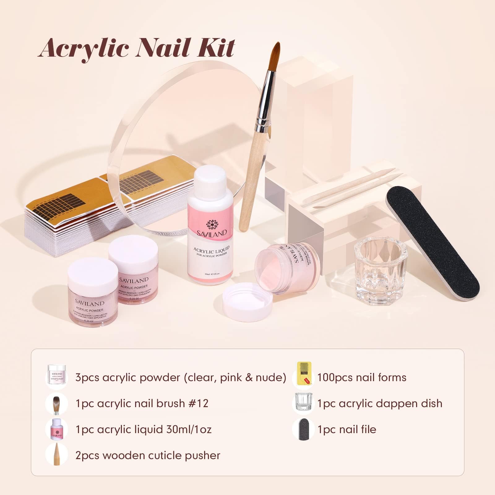 Saviland Complete Acrylic Nail Kit with Super Fine Clear Pink Nude Powder, Acrylic Liquid, Brush, Stencil & Glass - Professional Salon Quality DIY Nail Art Set for Home Manicures & Nail Extensions