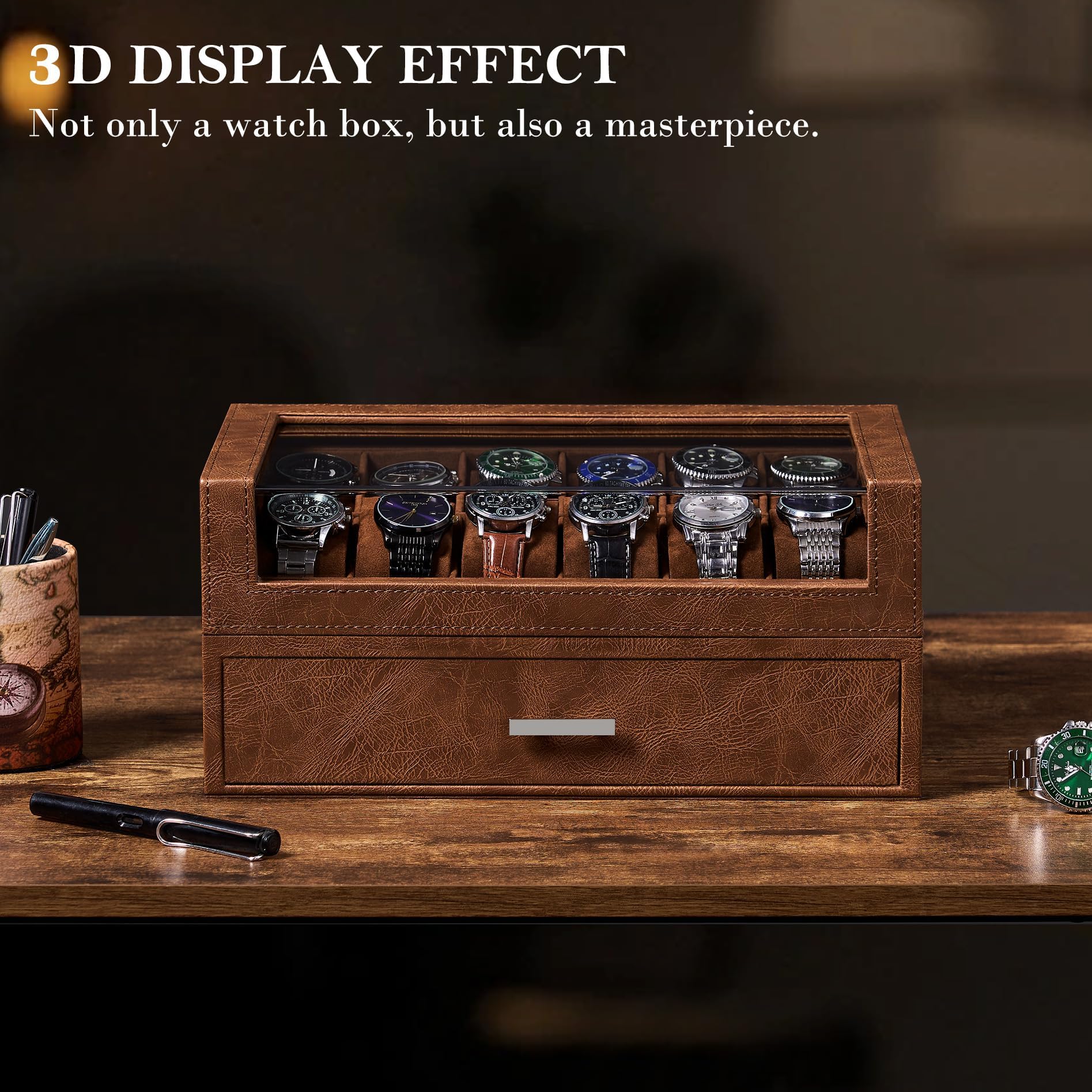 BEWISHOME 12 Slot Luxury Watch Box Organizer with Clear Acrylic Lid - Wooden Watch Display Case for Men, Jewelry & Sunglasses Storage (Brown SSH22Z) - Perfect for Watch Collectors, Gift Giving & Home Décor