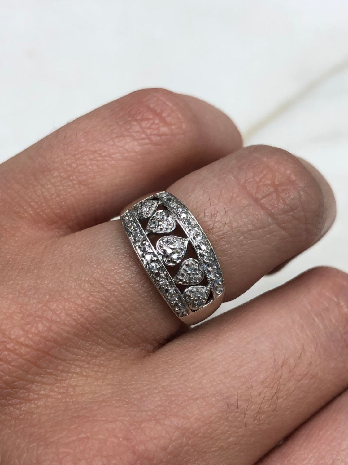 14K White Gold Diamond Heart Wide Wedding Band for Women - Elegant Bridal Ring for Engagement, Anniversary & Special Occasions