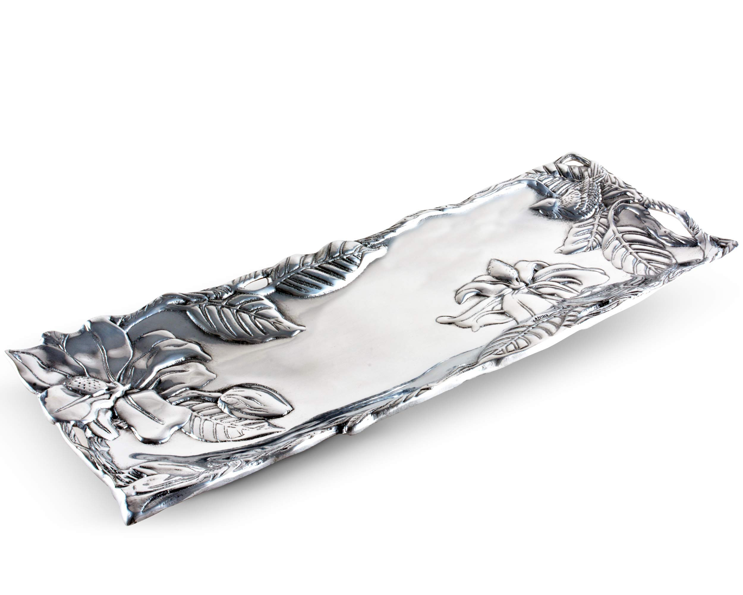 Arthur Court Designs Aluminum Magnolia Flower Serving Tray - 19 x 6 Inch Handcrafted Metal Platter with Engravable Magnolia Blossoms & Twisting Branches | Freezer & Oven Safe | Perfect for Weddings, Parties, and Elegant Home Decor