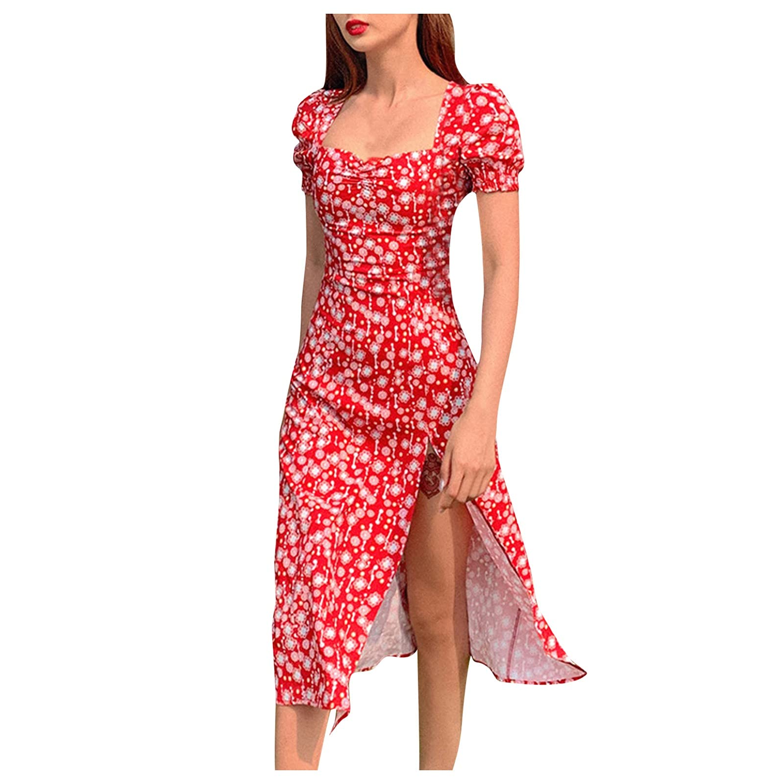 SSZZoo Women's Floral Print Summer Dress with Bubble Sleeves & Square Neckline - Split Thigh Midi Dress for Party, Date Night & Beach Vacation