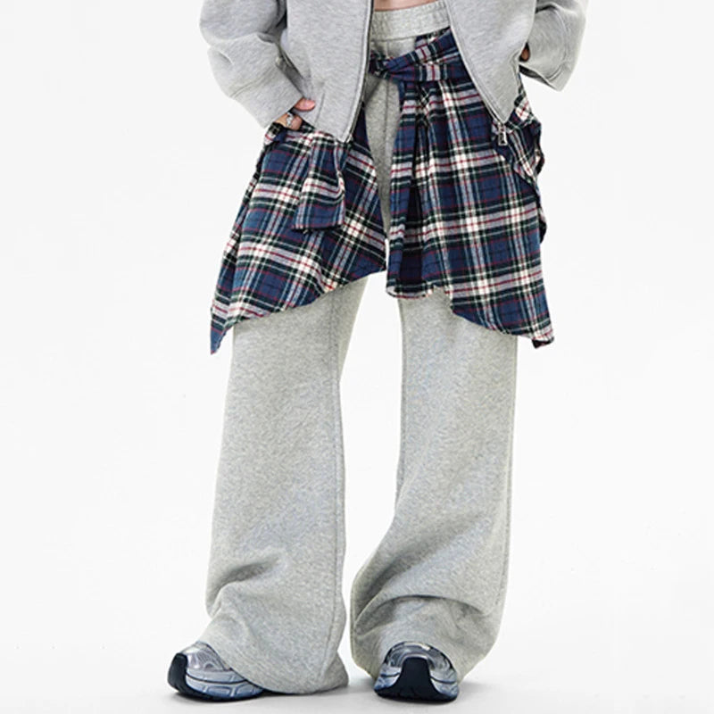 Trendy American Style Men's Sweatpants - High Street Fake Two-Piece Spliced Plaid Peplum Design Solid Color Casual Pants 9W1857 | Perfect for Gym, Lounge & Streetwear Fashion