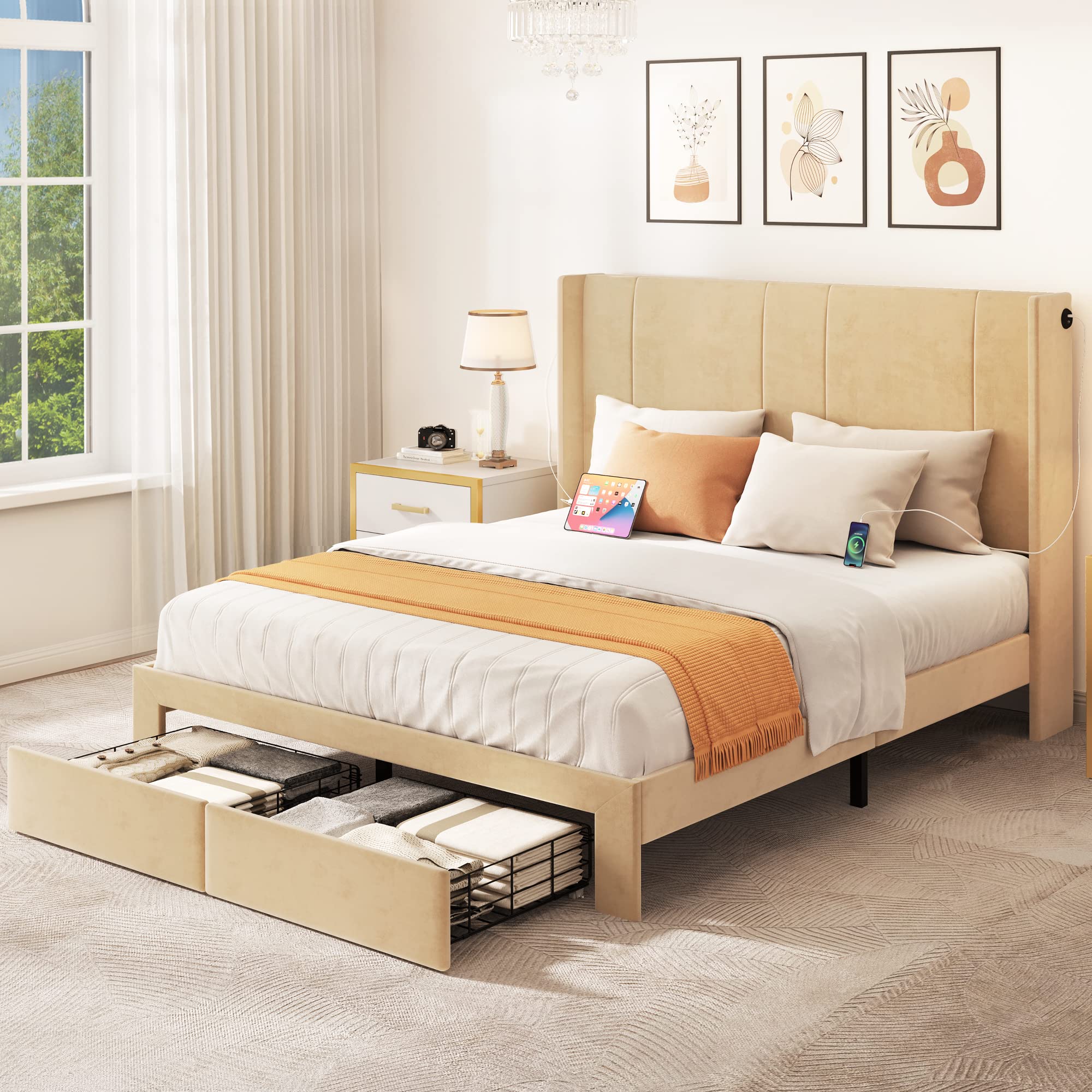 YITAHOME Queen Size Upholstered Platform Bed Frame with Storage Drawers & USB Charging Stations - Beige Modern Bed with Headboard & Wood Slat Support, No Box Spring Needed - Perfect for Small Bedrooms, Guest Rooms & Apartments