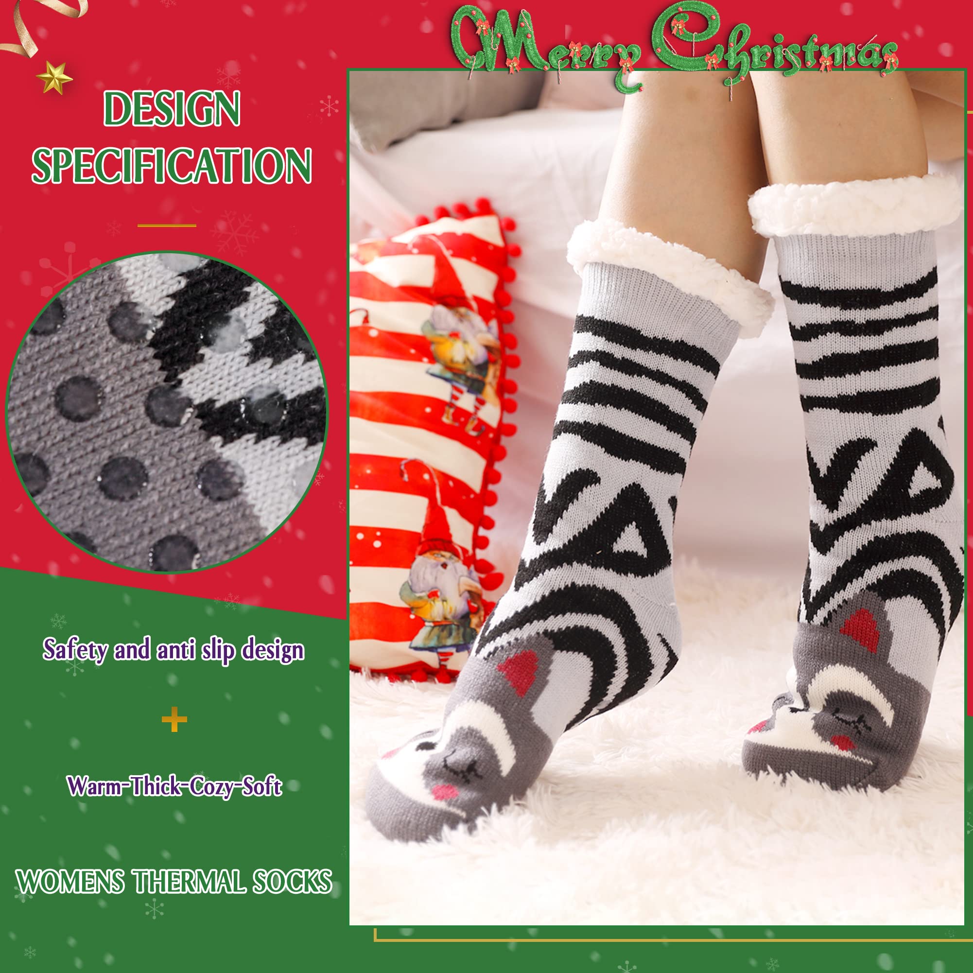Women's Winter Knit Socks - Anti-Slip, Warm & Breathable Fuzzy Slipper Socks with Cute Animal Designs - Perfect for Home, Lounge & Cold Weather Comfort