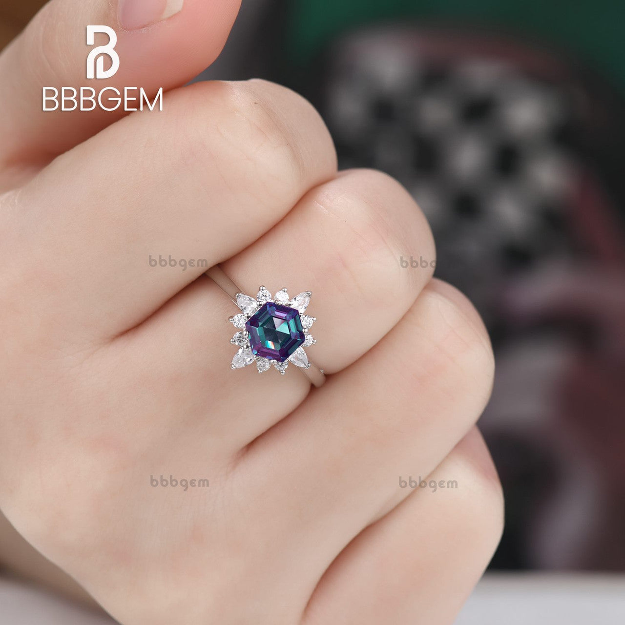 Vintage Floral Hexagon Alexandrite & Diamond Engagement Ring in 14K White Gold - Perfect for Proposals, Anniversaries & Special Occasions