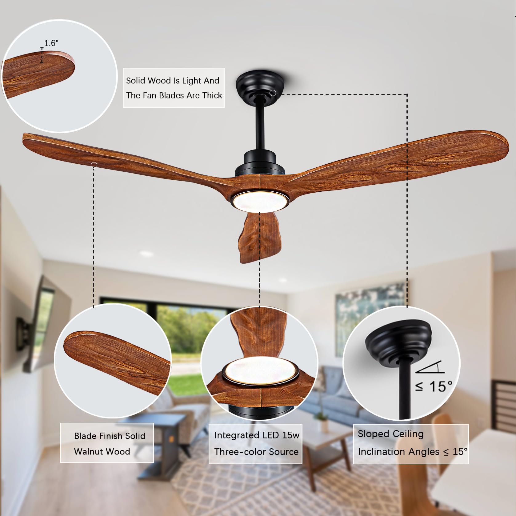 60 Inch Wood Ceiling Fan with Lights and Remote Control - Quiet Reversible DC Motor, 3 Blades & 3 Downrods - Farmhouse, Patio, Living Room, Bedroom, Office - Indoor/Outdoor Use (Black + Walnut) - Perfect for Cooling and Lighting Your Home All Year Round