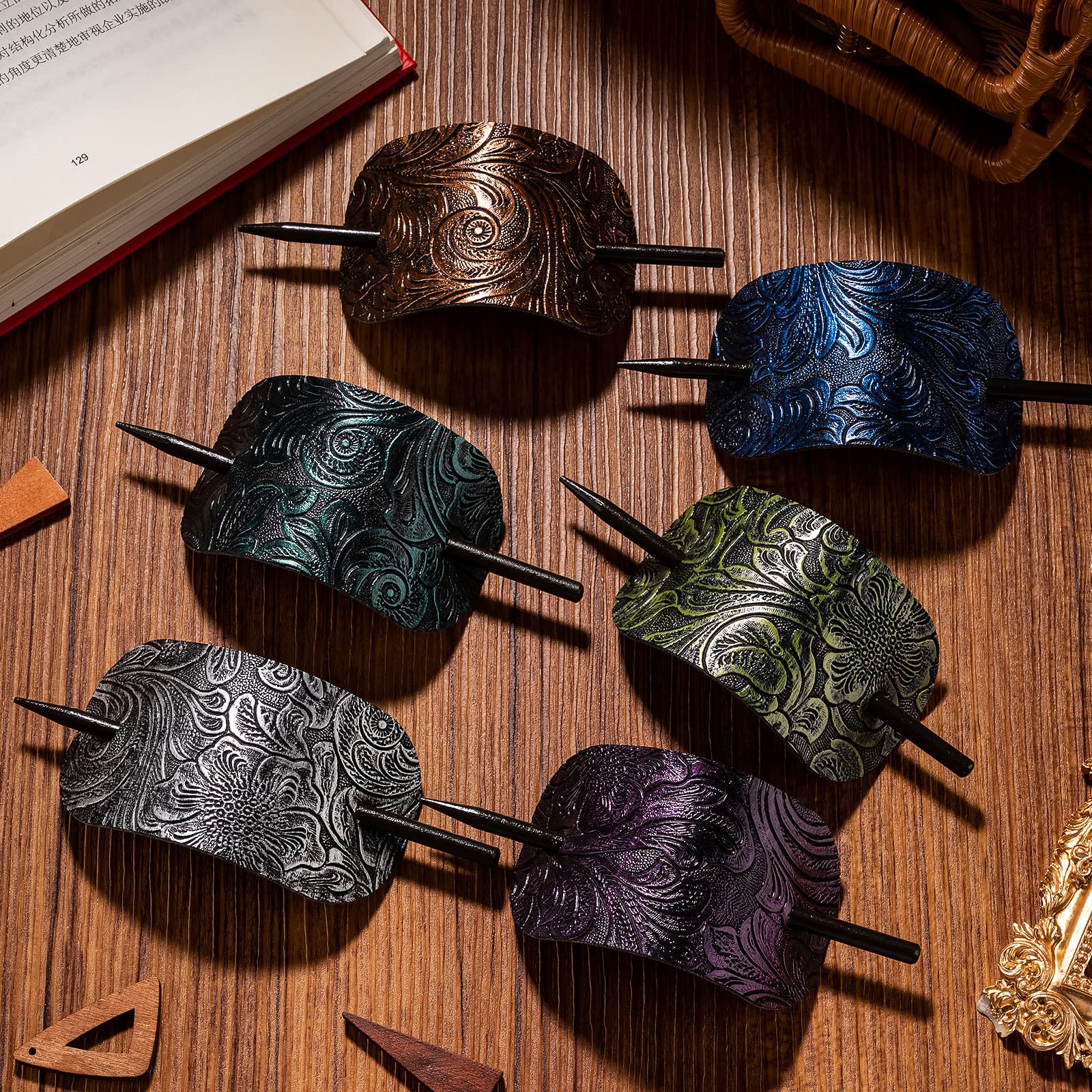 Noverlife 6PCS Leather Hair Barrettes with Wooden Stick - Square Hair Clips Set for Women & Girls, Ponytail Holders for School, Office & Wedding Hairstyles