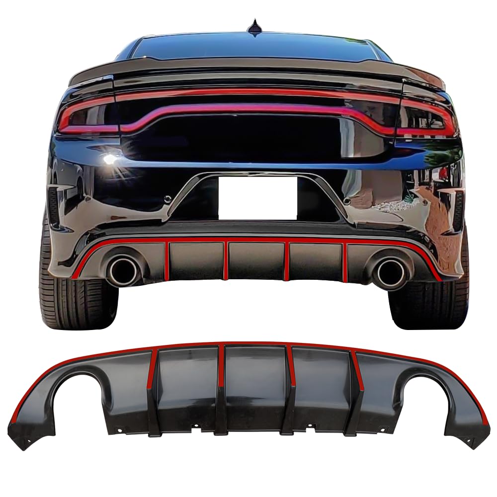 IKON MOTORSPORTS V3 Style Rear Diffuser with Red Reflective Tape - Compatible with 2015-2023 Dodge Charger SRT | Aggressive Look & Enhanced Aerodynamics | Perfect for Car Enthusiasts & Street Racing