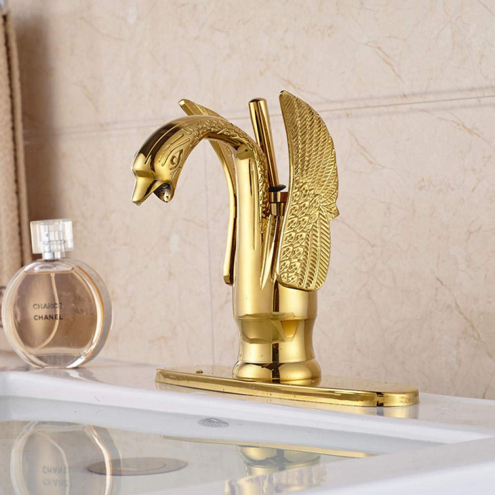 Golden Deck Mount Brass Bathroom Sink Faucet - Swan Shape Lavatory Mixer Tap with Hole Cover Plate | Elegant Vessel Sink Tap for Modern Bathrooms & Powder Rooms