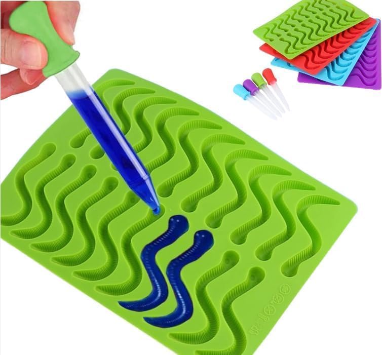 Premium Silicone Gummy Worm Molds Set of 4 - Candy, Chocolate & Ice Cube Trays with 4 Droppers - Perfect for DIY Treats, Baking Decorations & Party Favors