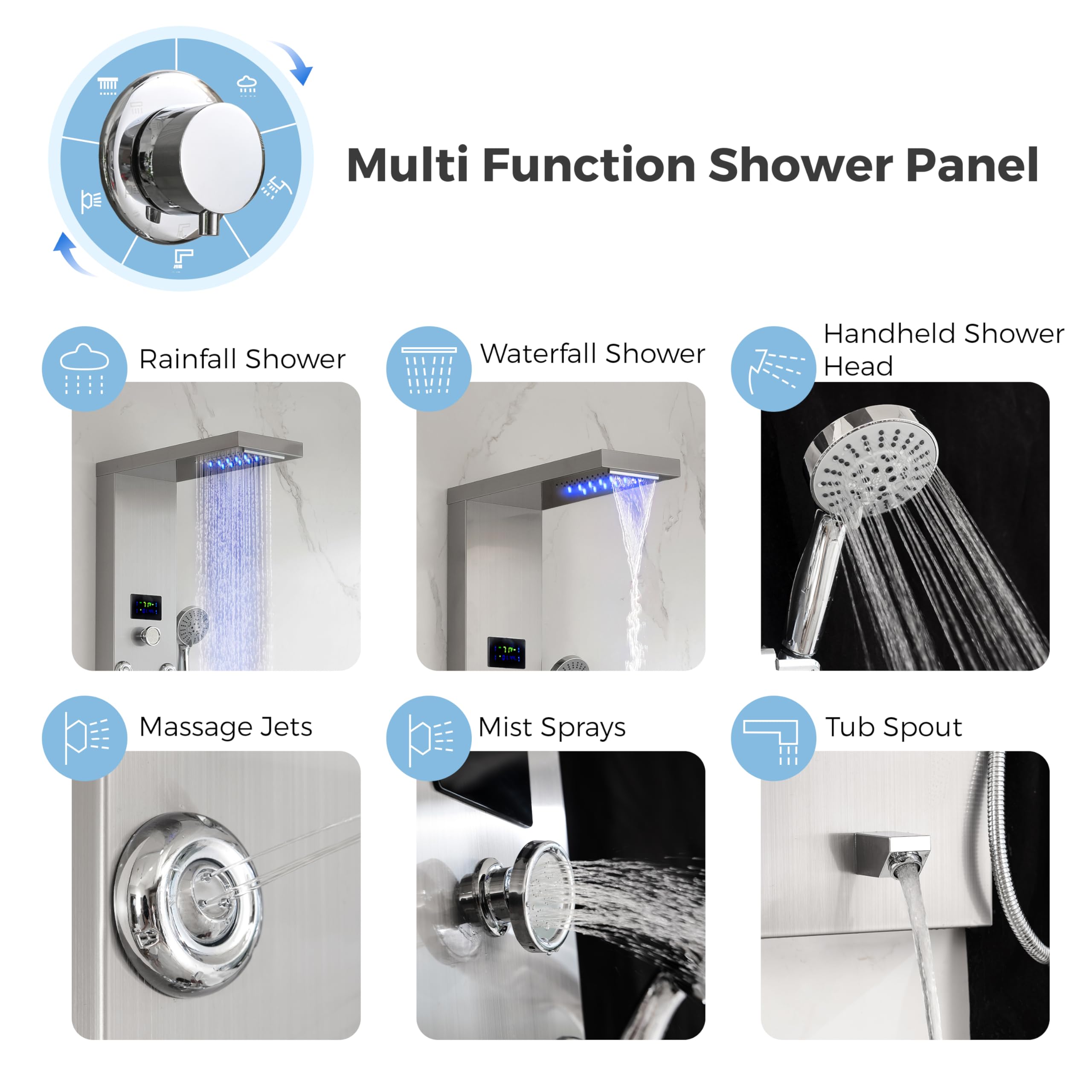DELAVIN Stainless Steel LED Shower Panel Tower with Temperature Display - 5-Function Rainfall, Waterfall, Massage Jets, Tub Spout & Handheld Showerhead in Brushed Nickel | Perfect for Spa-Like Bathroom Upgrades & Luxury Shower Experiences