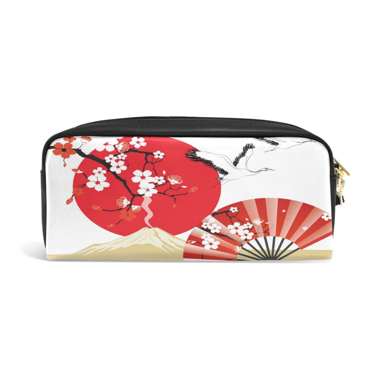 ALAZA Japan Moon Crane Cherry Blossom PU Leather Pen Pencil Case - Multi-Purpose Pouch for School, Office, Travel & Makeup Storage | Waterproof Cosmetic Bag Organizer