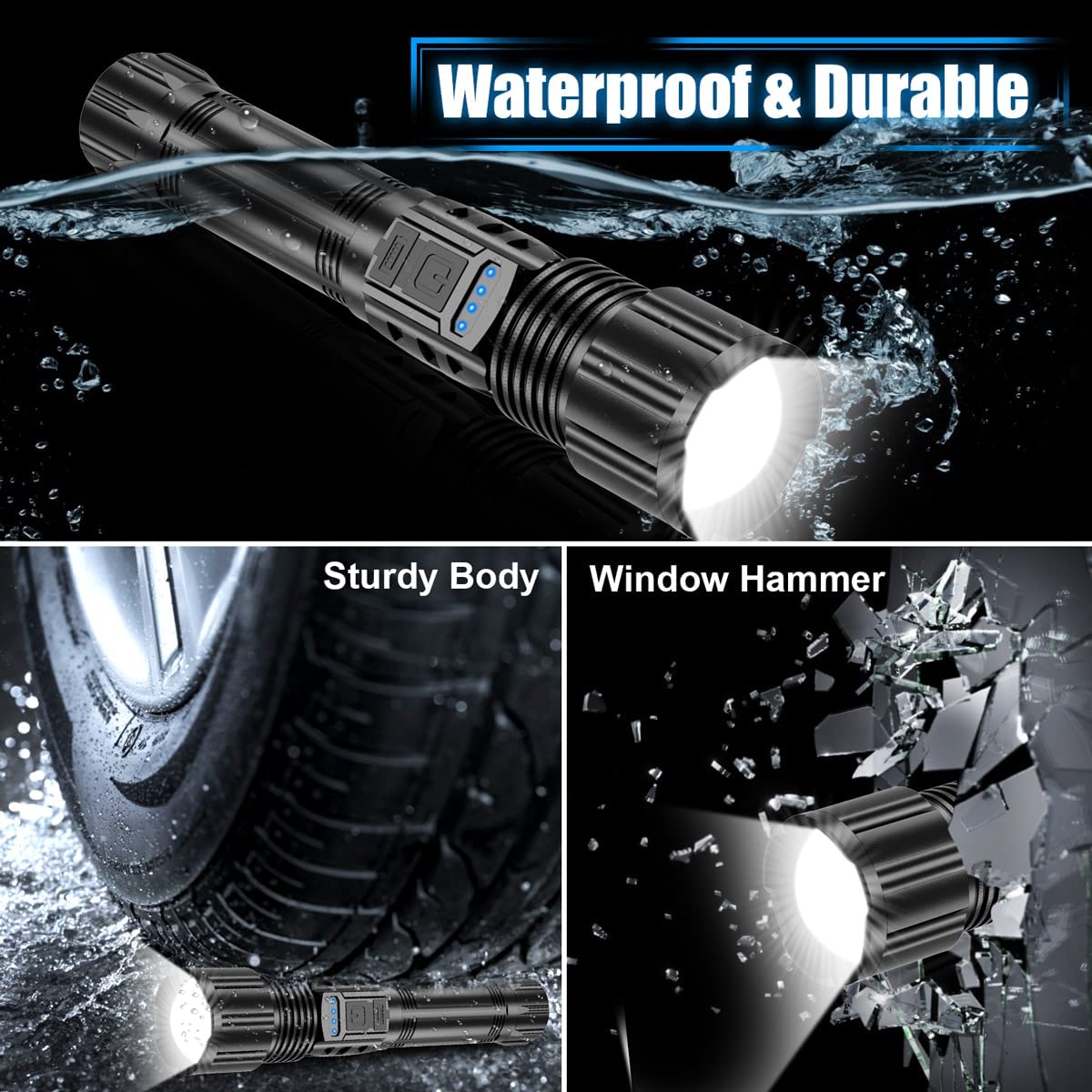 **Rechargeable 10000 Lumen Tactical Flashlight - Super Bright LED, 5 Modes, Zoomable, Waterproof with Battery Holder & Power Indicator - Perfect for Camping, Hiking, Emergency & Outdoor Adventures (2 Pack)**