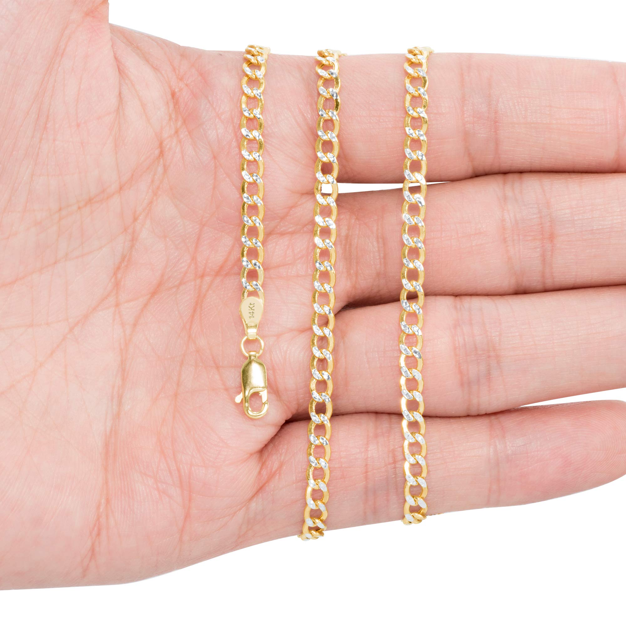 14K Real Yellow Gold Cuban Curb Link Bracelet - 3.5mm Diamond Cut Pave Chain for Men & Women (7