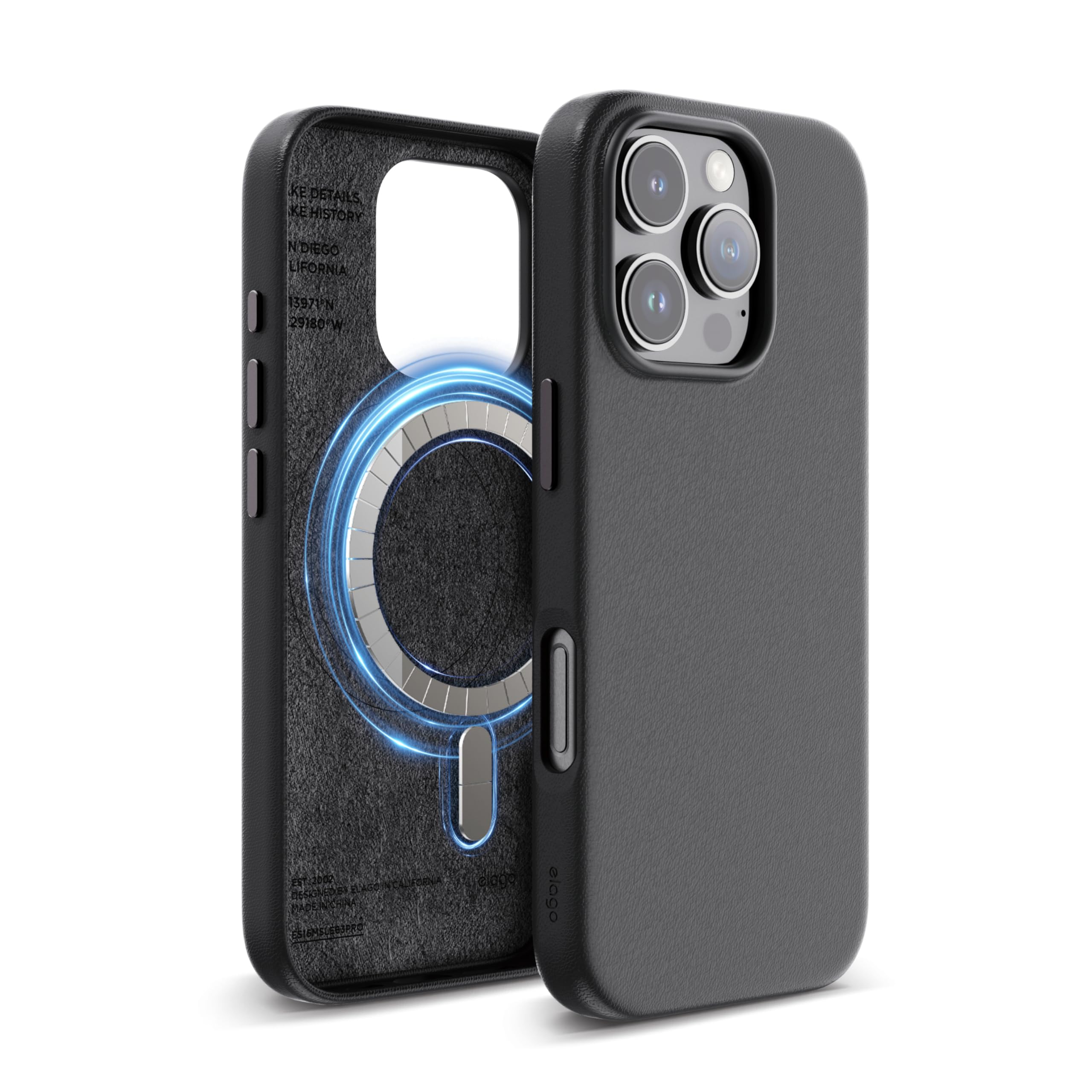 elago Magnetic Leather Case for iPhone 16 Pro - 6.3 Inch Vegan Leather Cover with Built-in MagSafe Magnets | Shockproof & Water-Resistant | Perfect for Work, Travel & Everyday Protection [Black]