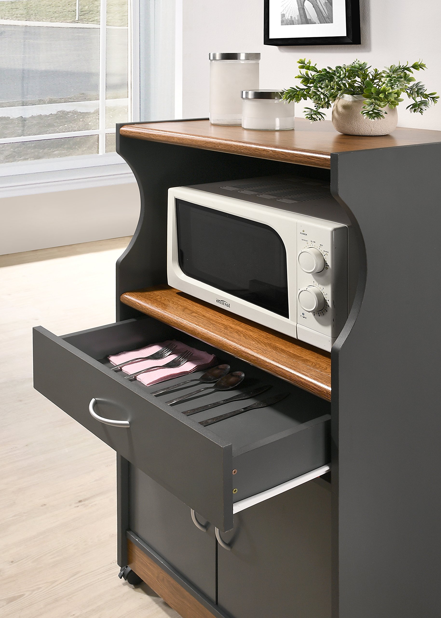 HODEDAH Microwave Cart with Storage - 1 Drawer, 2 Doors & Shelf - Compact Kitchen Organizer for Small Spaces - Grey Oak Finish - Perfect for Apartments, Dorms & Office Break Rooms