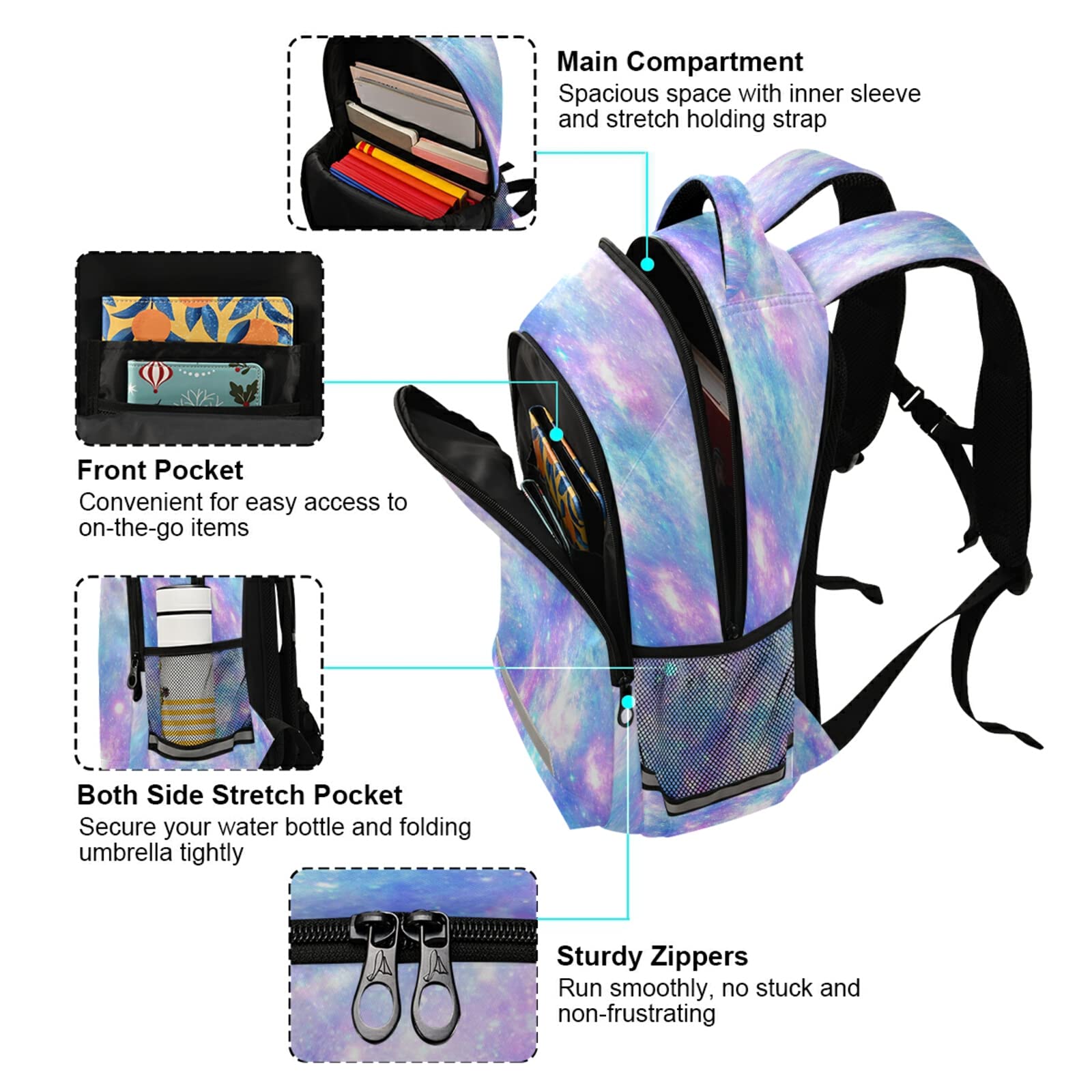**Pink & Blue Galaxy Star Backpack - Waterproof Laptop Backpack for Women & Teens, Durable School Book Bag, College Shoulder Bag for Travel, Sports & Daily Use**    *(Use Cases: Perfect for school, college, travel, gym, hiking, and everyday adventures!)*