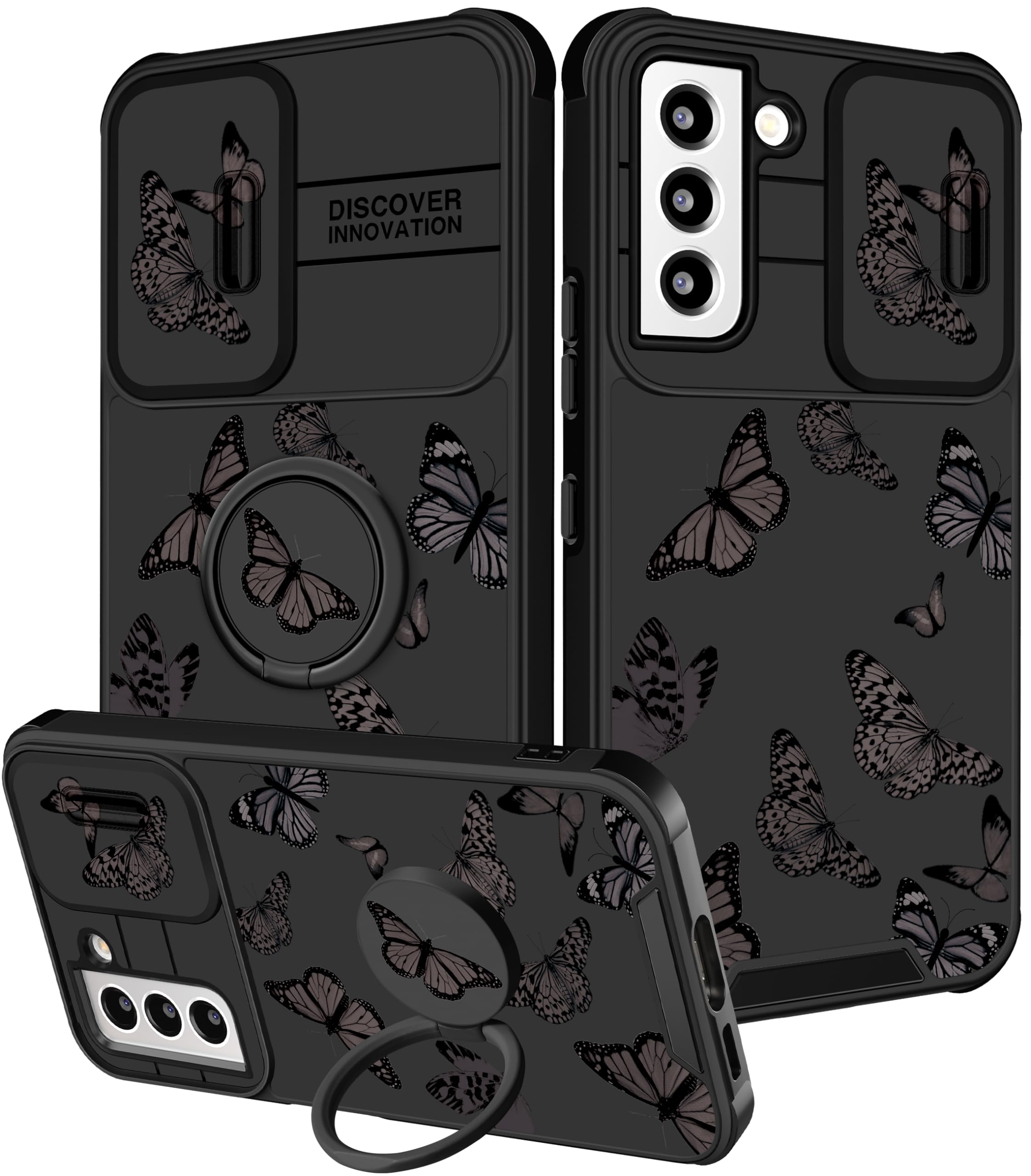 2 in 1 Cute Butterfly Design Samsung Galaxy S22 Case for Women - Aesthetic Black Phone Cover with Camera Protector & Ring Stand | Perfect for Work, Travel and Everyday Use