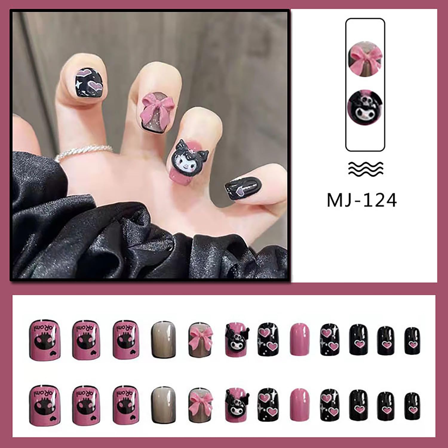 24Pcs Cute Short Square Press on Fake Nails - Glossy Black Acrylic False Nails with Heart Bow Designs for Women & Girls | Full Cover Artificial Nails with Glue | Perfect for Parties, Weddings & Daily Wear