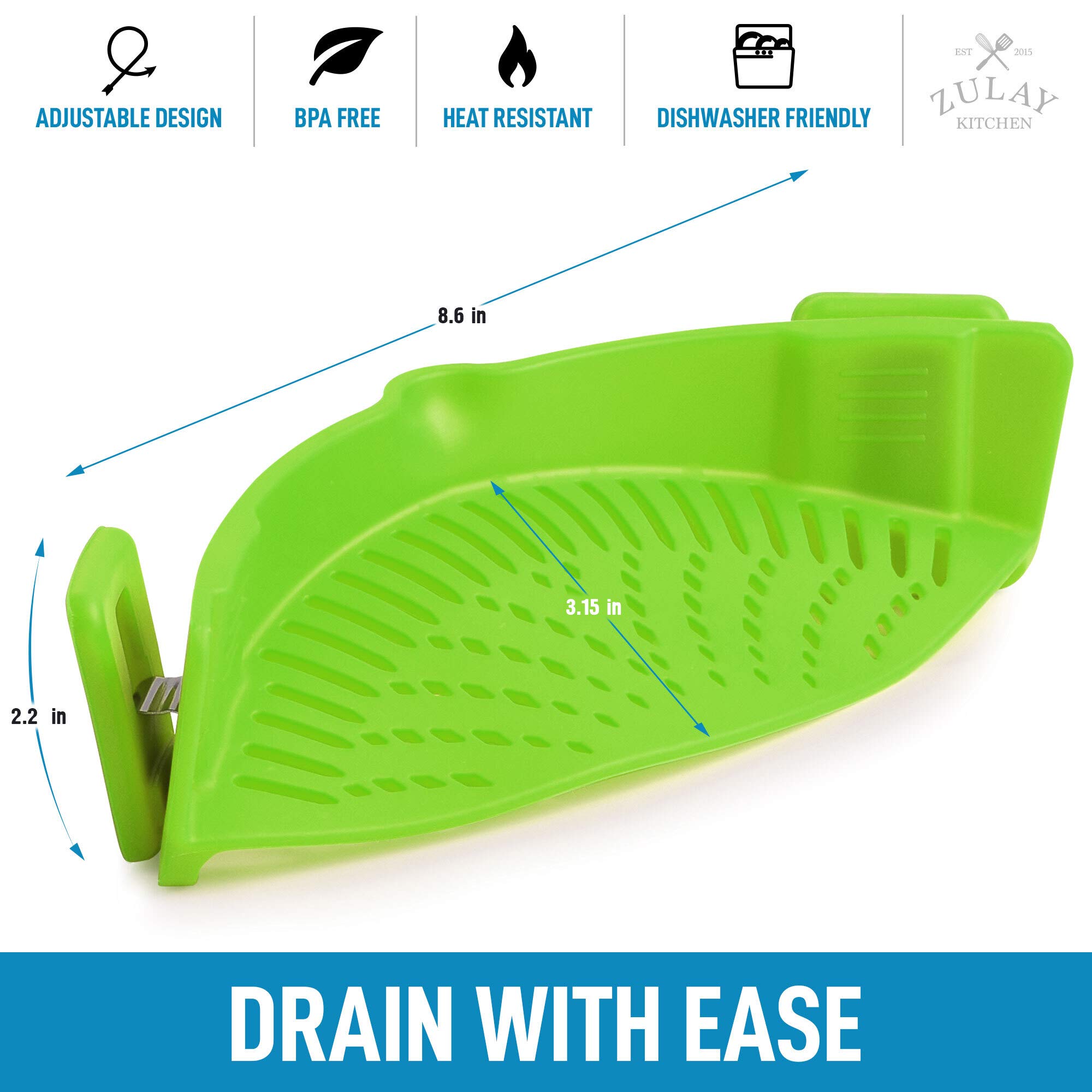 Zulay Premium Silicone Pot Strainer - Adjustable Snap-On Strainer for Cooking Pasta, Vegetables & Fruits - Heat-Resistant Food Grade Silicone Colander Fits Most Pots & Pans - Perfect for Draining, Washing Produce & Meal Prep (Green)