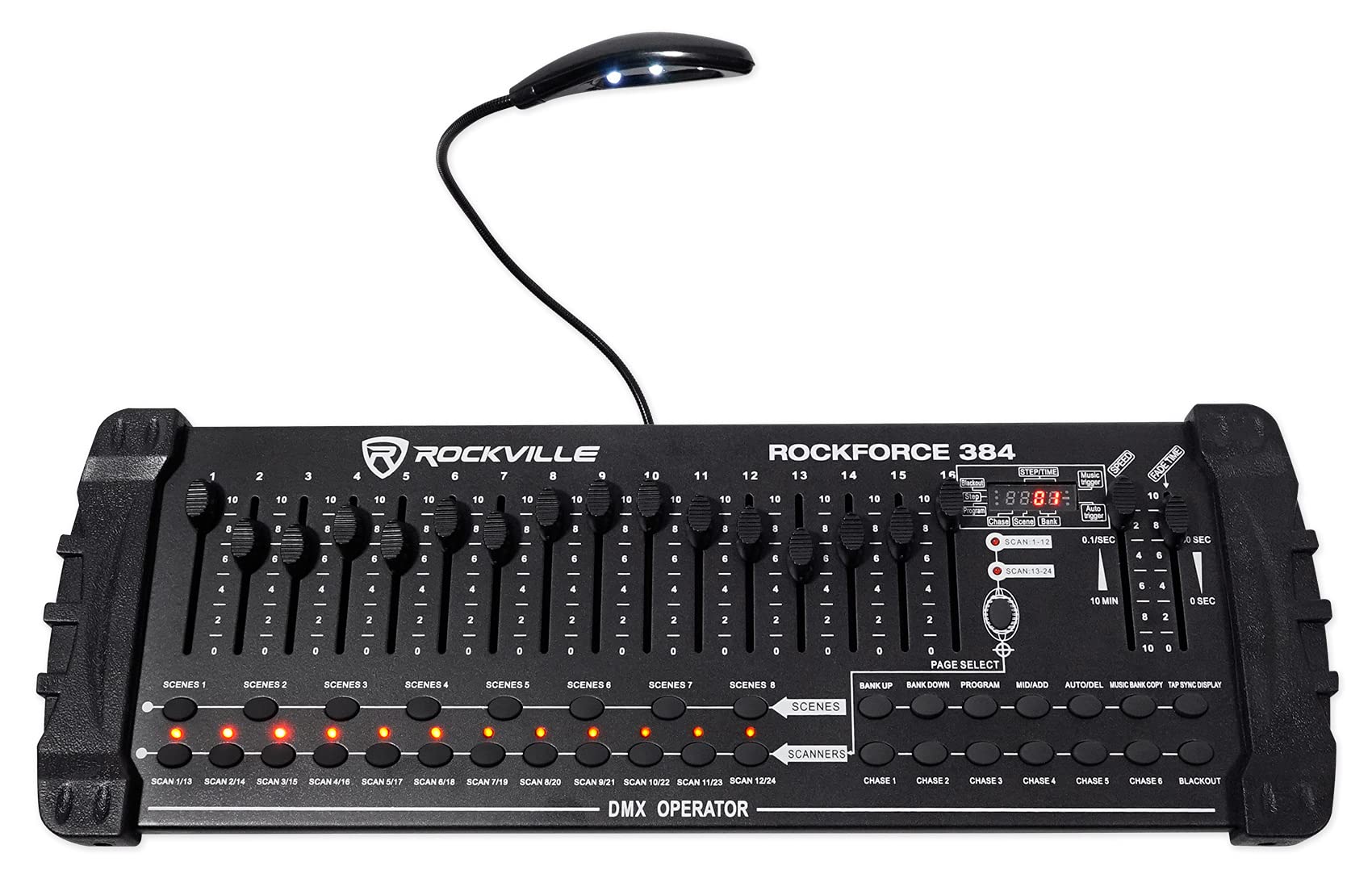 Rockville 384-Channel DMX Lighting Controller with Wireless Transmitter & Receiver + 16 PAR Lights – Professional Stage Lighting Setup for DJ, Concert, Theater, and Event Production