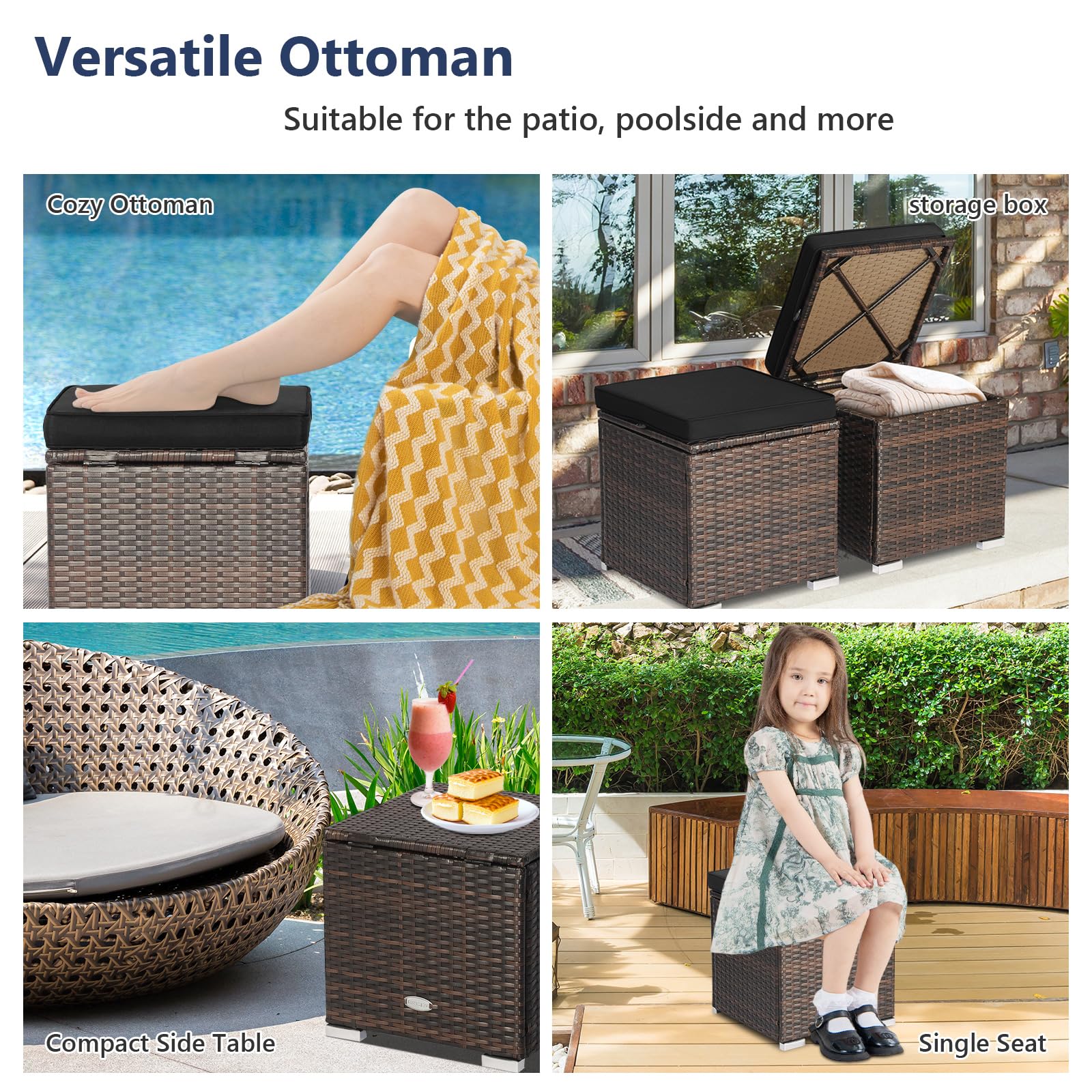 Tangkula 2-Piece PE Rattan Patio Ottoman Set with Removable Cushion & Hidden Storage - Multifunctional Side Table/Seat for Outdoor Living, Backyard, Poolside & Garden (Black) - Perfect for Relaxing, Entertaining & Stylish Storage Solutions