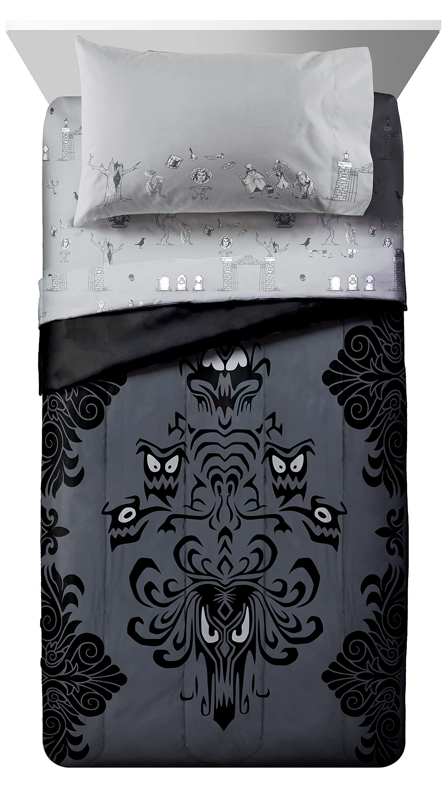 Disney Haunted Mansion Happy Haunts Damask Twin Bed Set - 5 Piece Reversible Comforter & Sheet Set - Super Soft Fade Resistant Microfiber Bedding - Official Disney Licensed Product for Kids & Teens Bedroom Decor