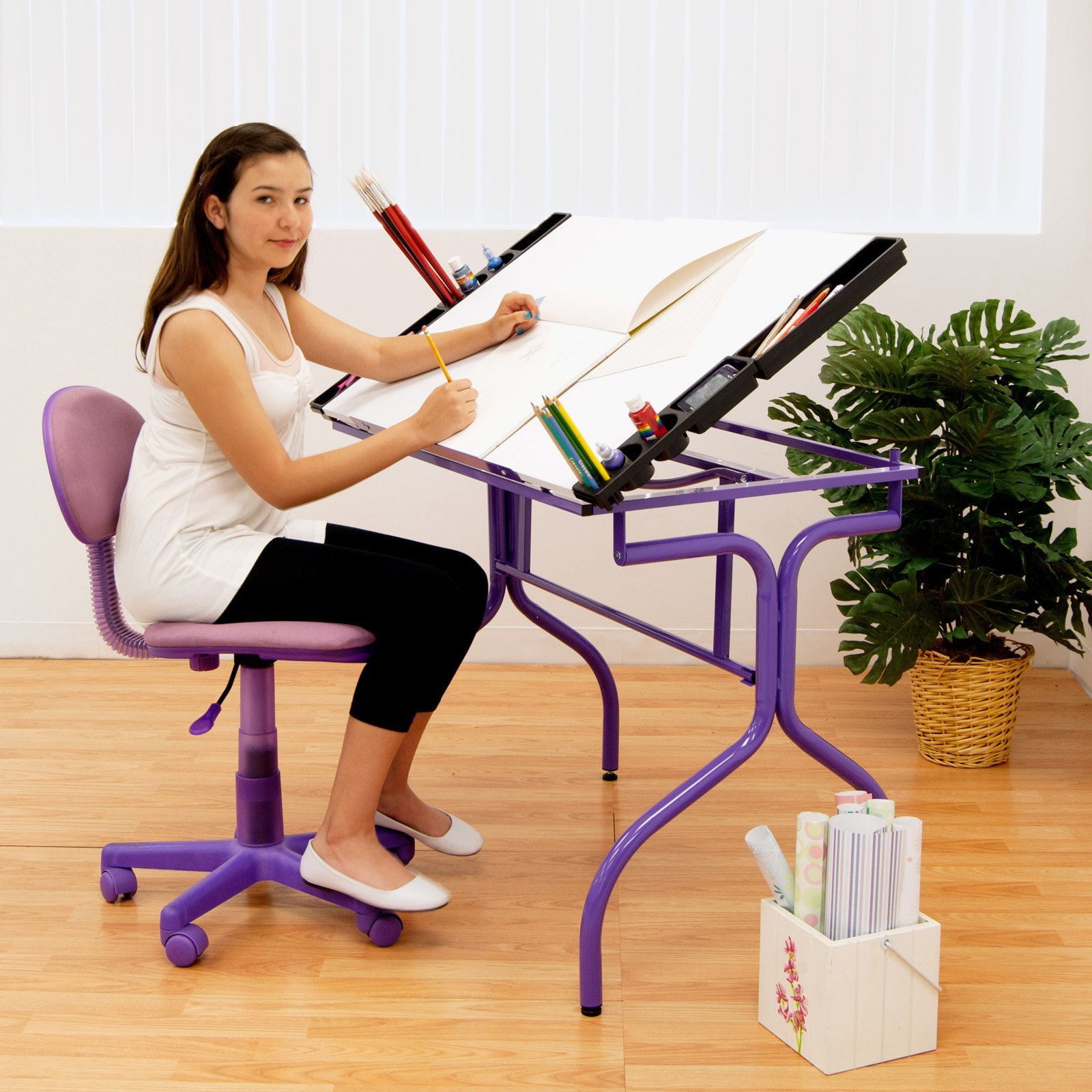 Foldable Craft Station with Purple/White Laminate Surface - Portable Workstation for Scrapbooking, Sewing & DIY Projects - Perfect for Home, Office & Craft Room Organization