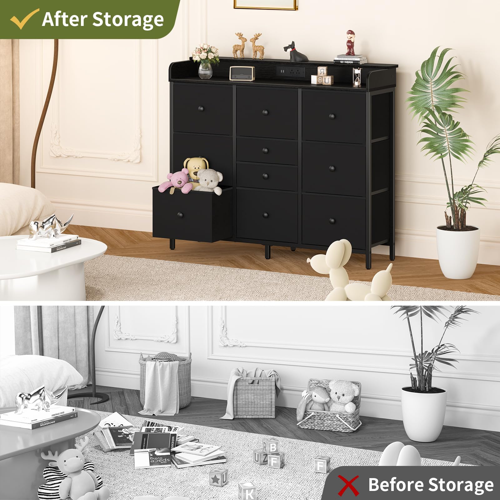 Yoobure 10-Drawer Tall Dresser with Charging Station & LED Lights - Black Fabric Bedroom Storage Organizer, TV Stand & Closet Dresser for Modern Home Decor | Perfect for Small Spaces, Dorm Rooms & Apartment Living
