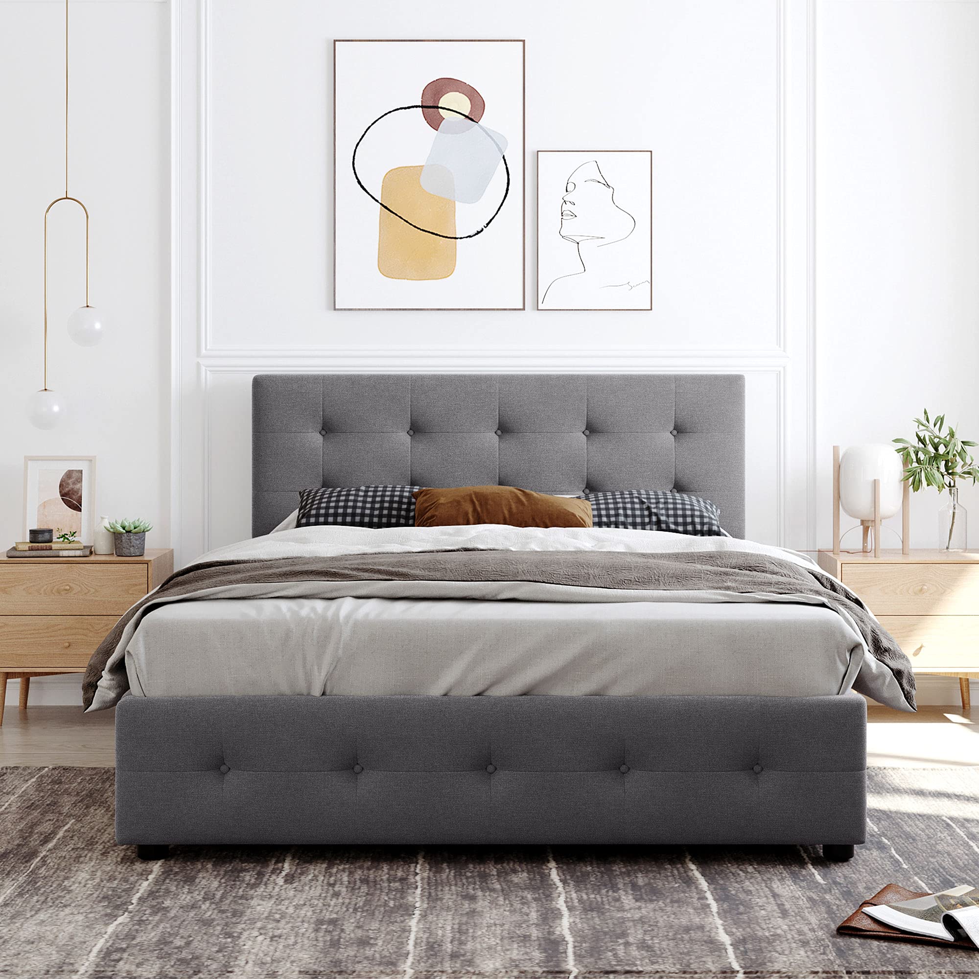 Queen Size Upholstered Platform Bed with 4 Storage Drawers - Wooden Bed Frame with Linen Fabric Button Tufted Headboard - Light Gray Bedroom Furniture for Master Bedroom, Guest Room & Small Space Living