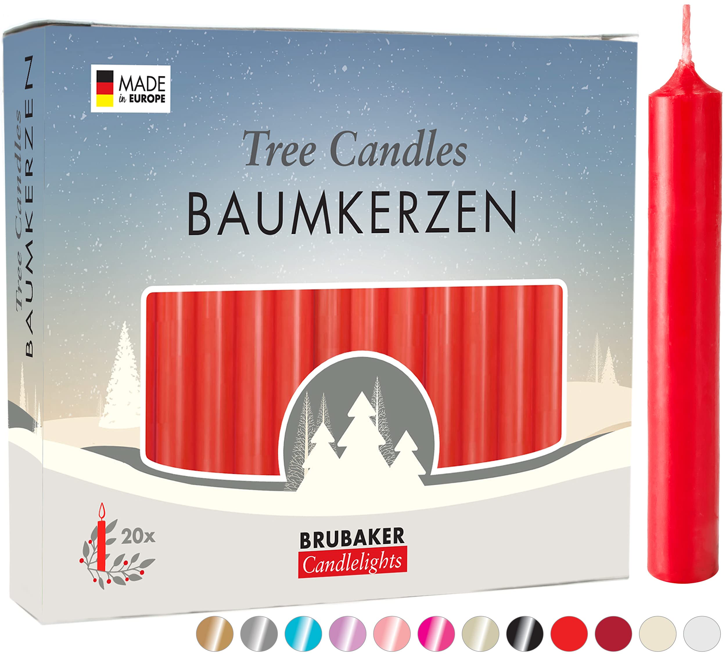 20 Pack Red Tree Candles - 3¾ x ½ Inches (9.5 x 1.27cm) - Handmade in Europe - Perfect for Christmas Pyramids, Carousels & Chimes - Festive Holiday Home Decor