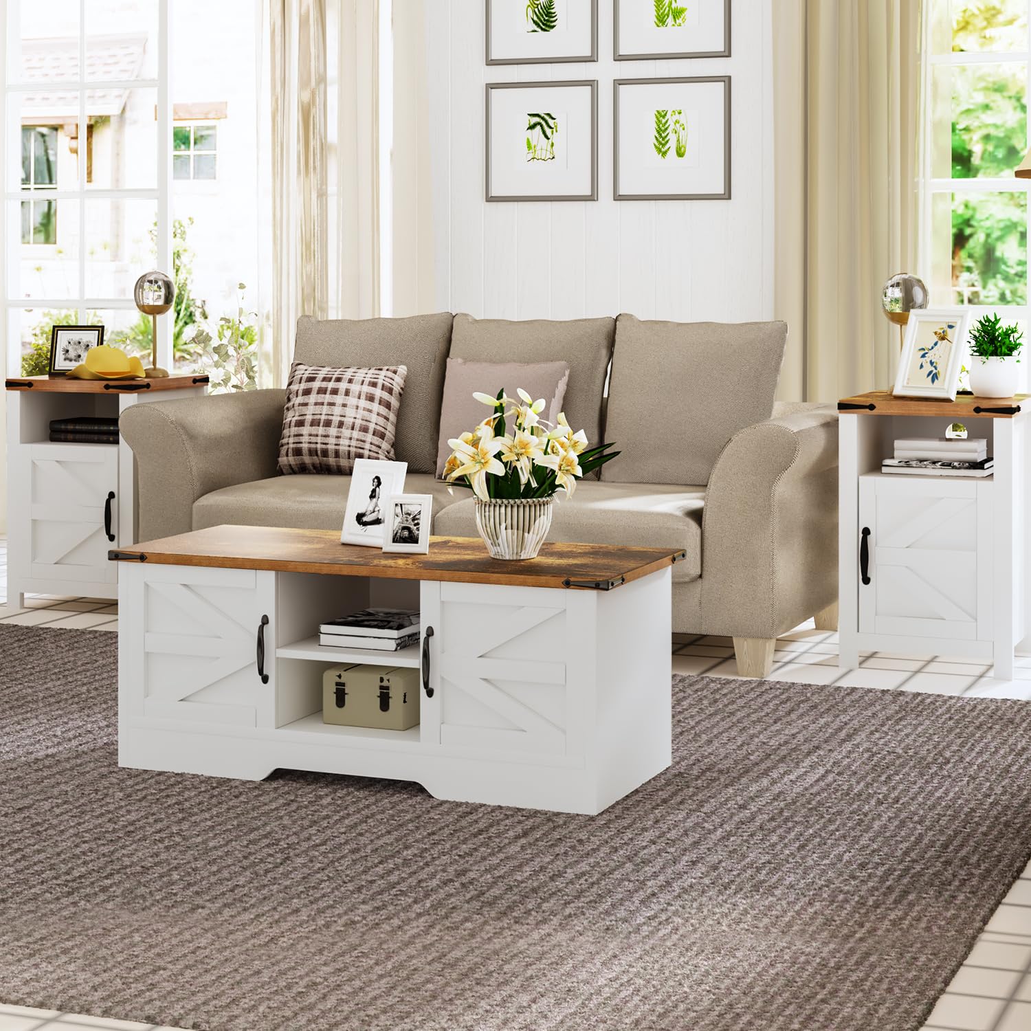 OneinMil 2-Piece Farmhouse End Table Set with USB Charging Station & Barn Door Storage - Nightstand, Sofa Side Table for Living Room, Bedroom - Perfect for Small Spaces & Home Office - White