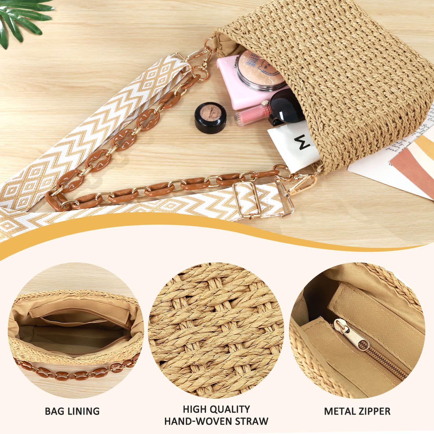 Stylish Woven Straw Crossbody Handbag - Casual Boho Beach Tote with Chain Strap for Women | Perfect for Summer Outings, Vacations & Boho-Chic Fashion