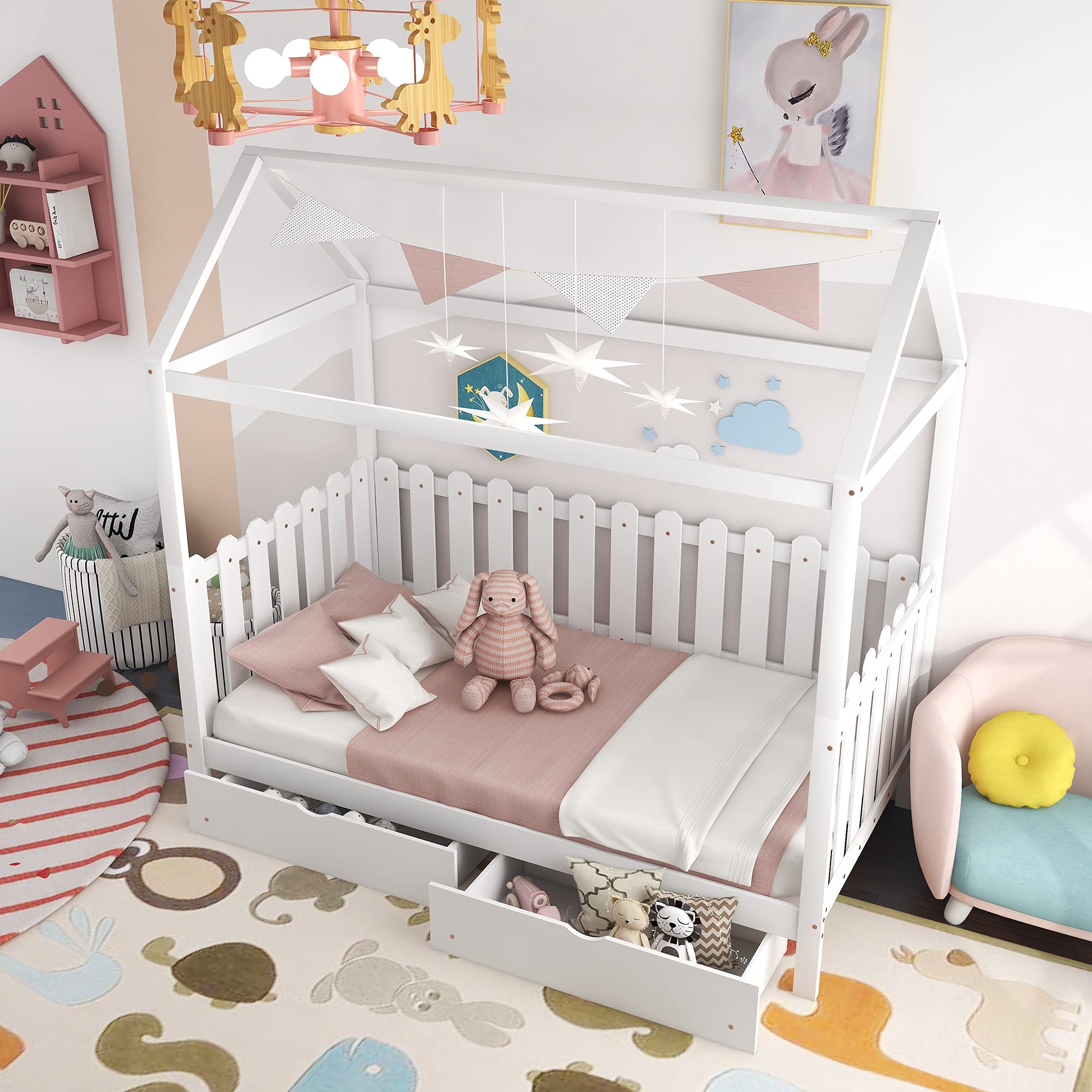 Merax Twin Size House Bed with 2 Storage Drawers, Wooden Canopy Bed with Fence-Style Guardrails for Kids - White | Perfect for Nursery, Bedroom, Playroom & Sleepovers